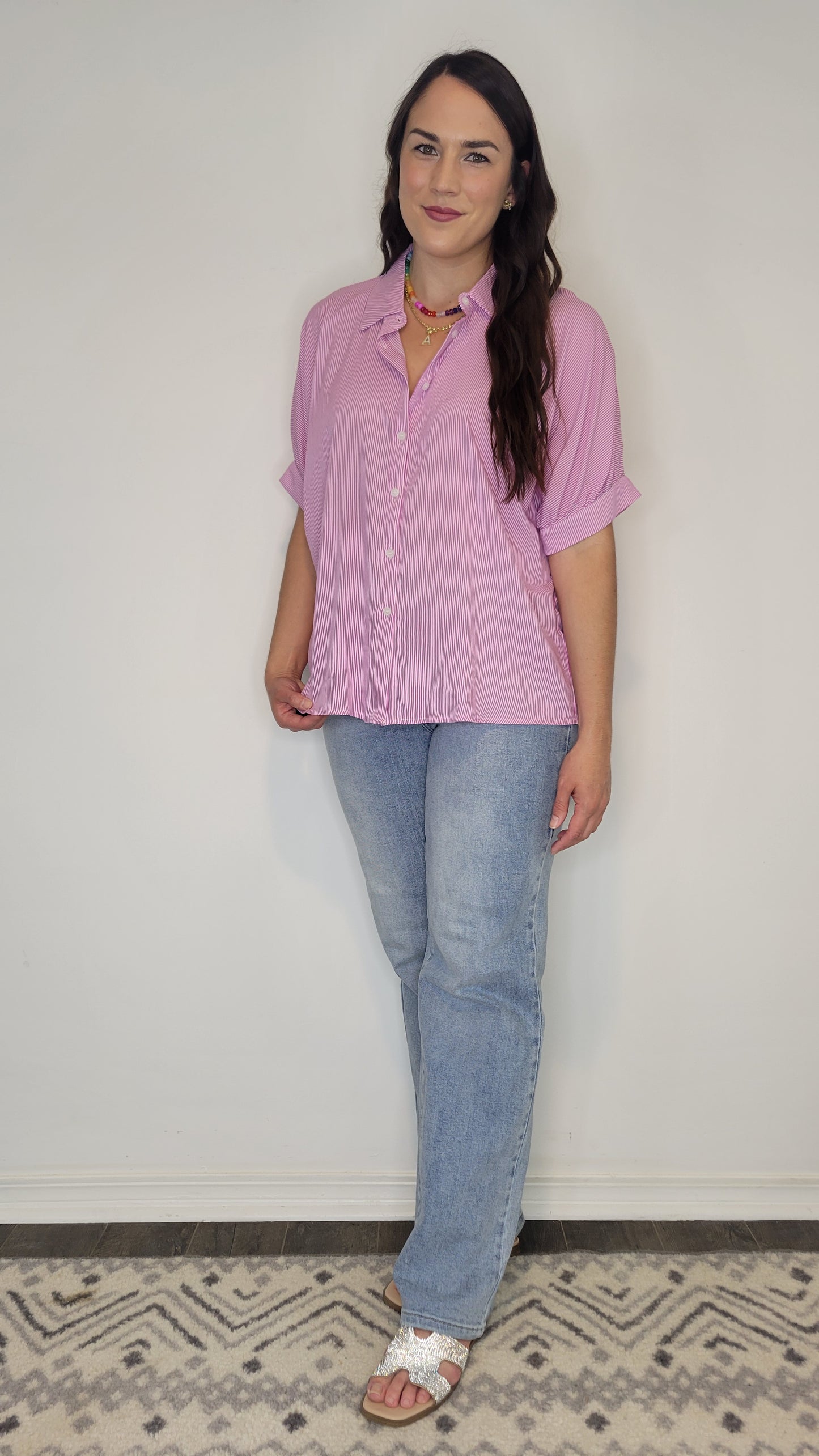 Barbie Pink/ White Stripe Collar Button Up Top “Bella”