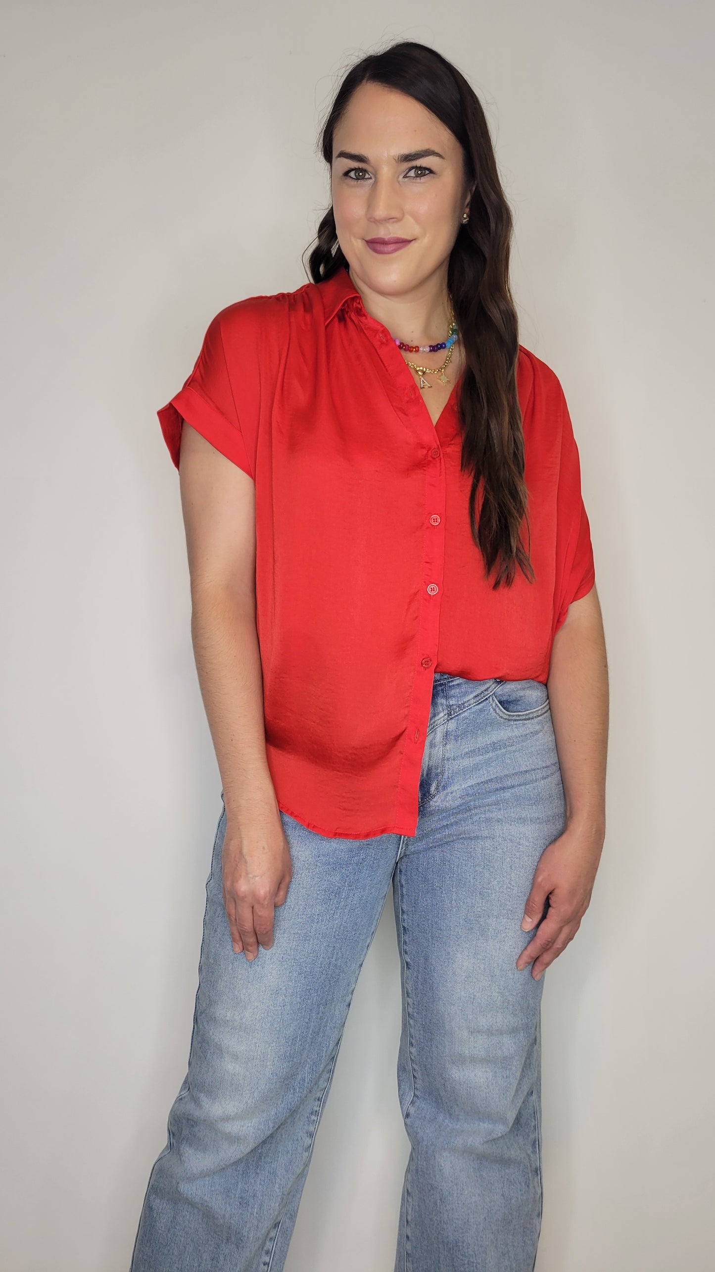 Red Satin Collar Button Up Top “Rosalie”