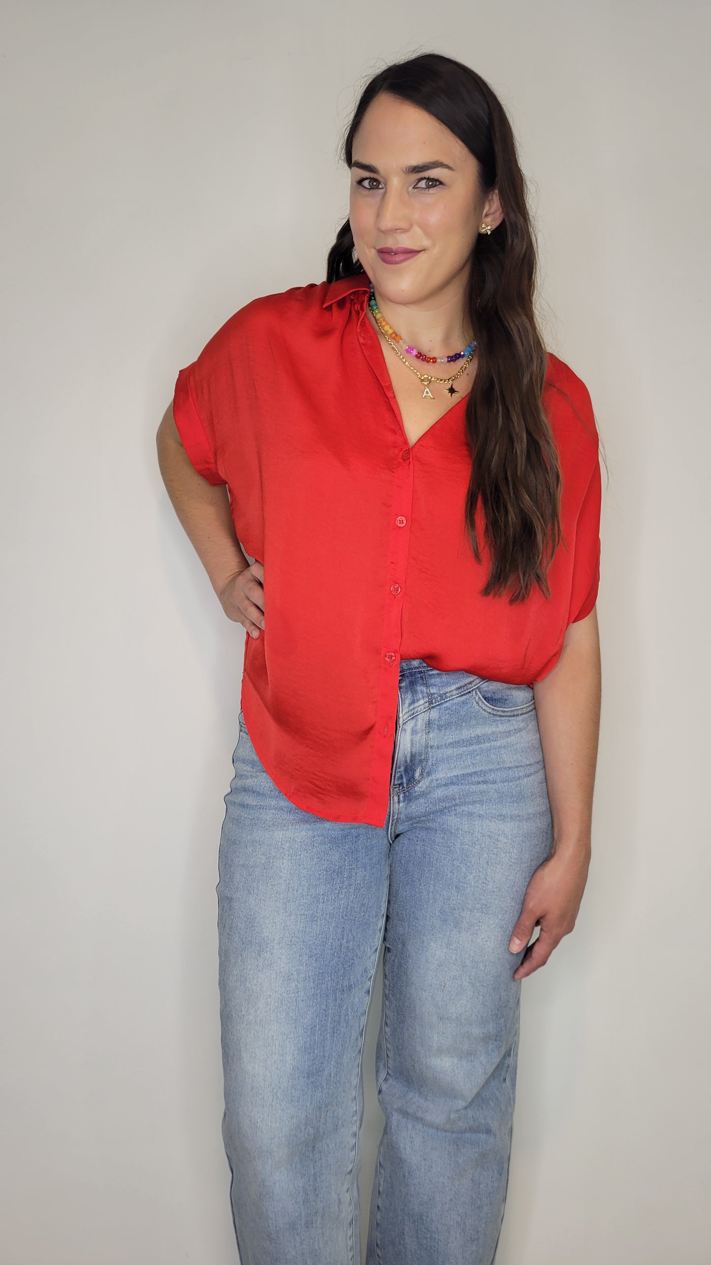 Red Satin Collar Button Up Top “Rosalie”