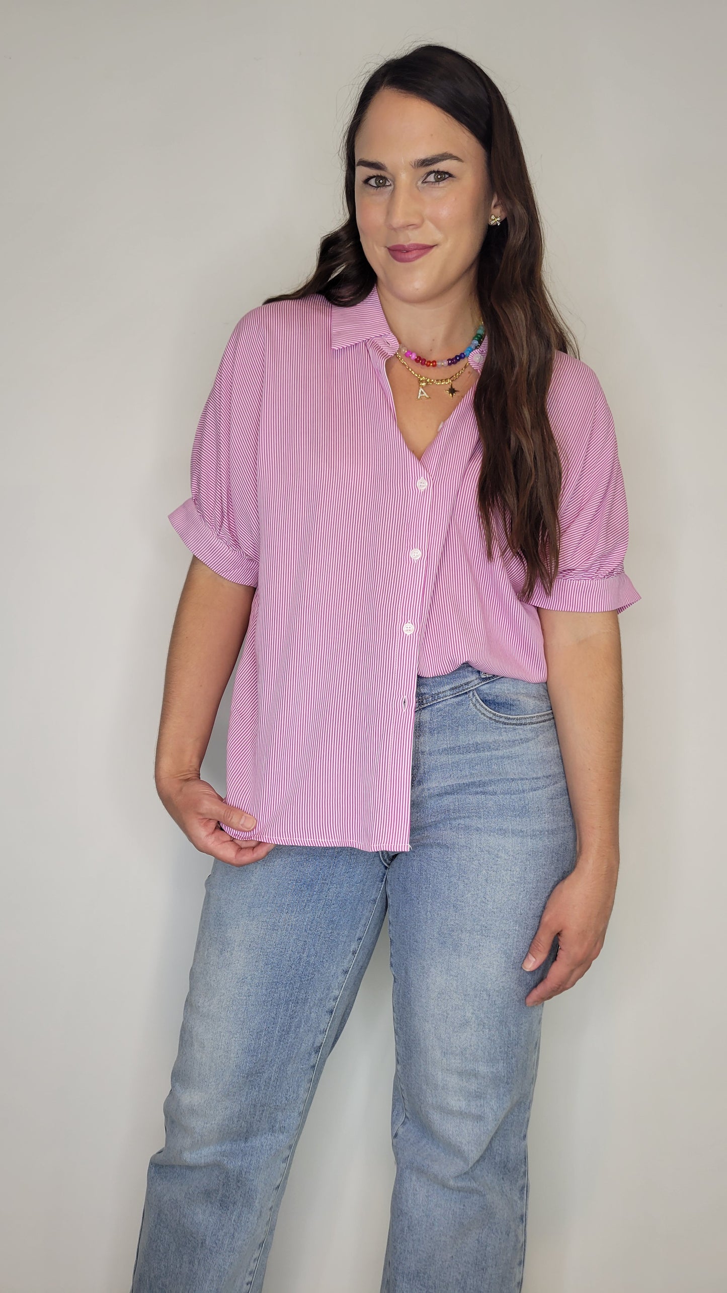 Barbie Pink/ White Stripe Collar Button Up Top “Bella”