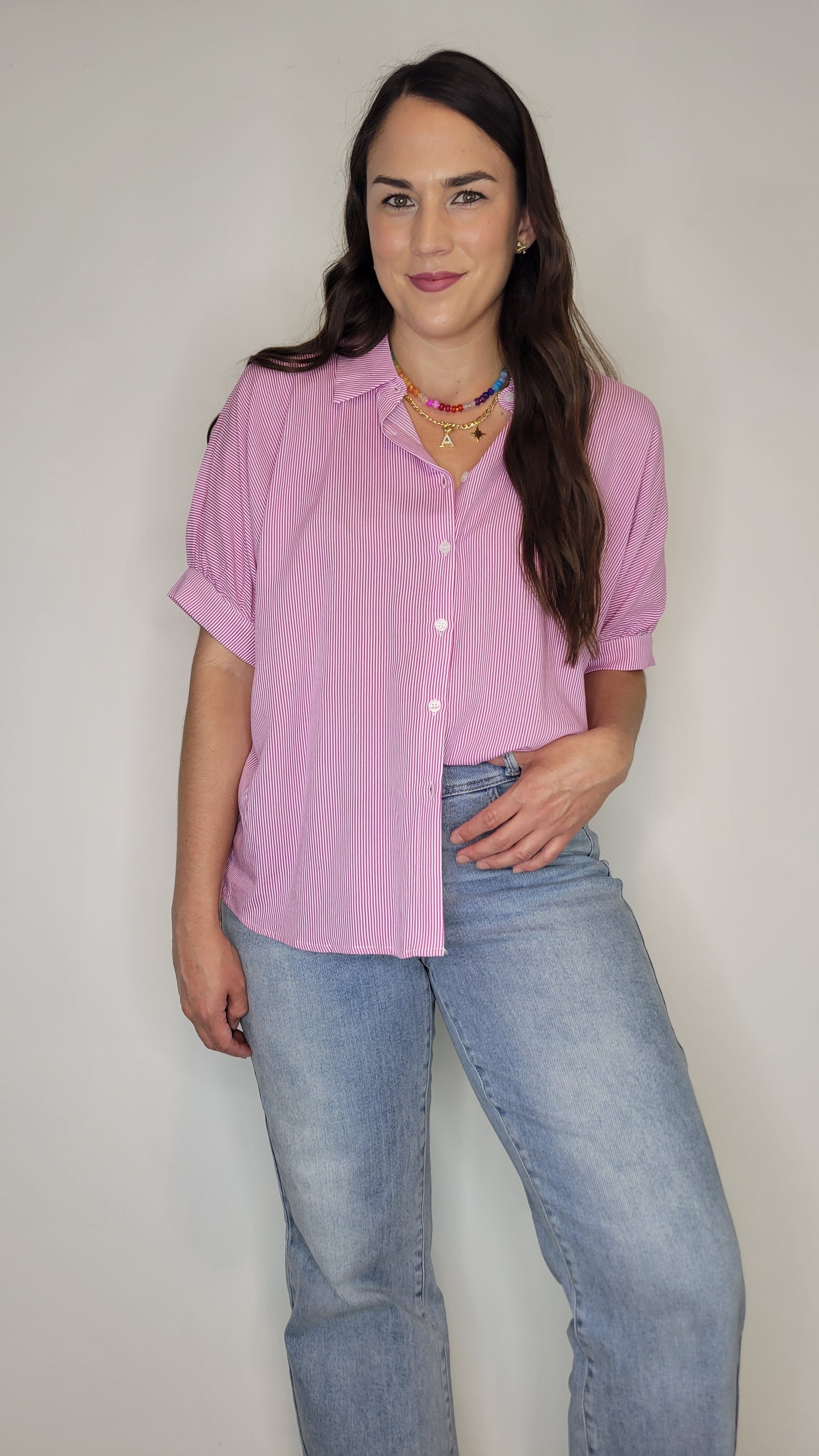 Barbie Pink/ White Stripe Collar Button Up Top “Bella”