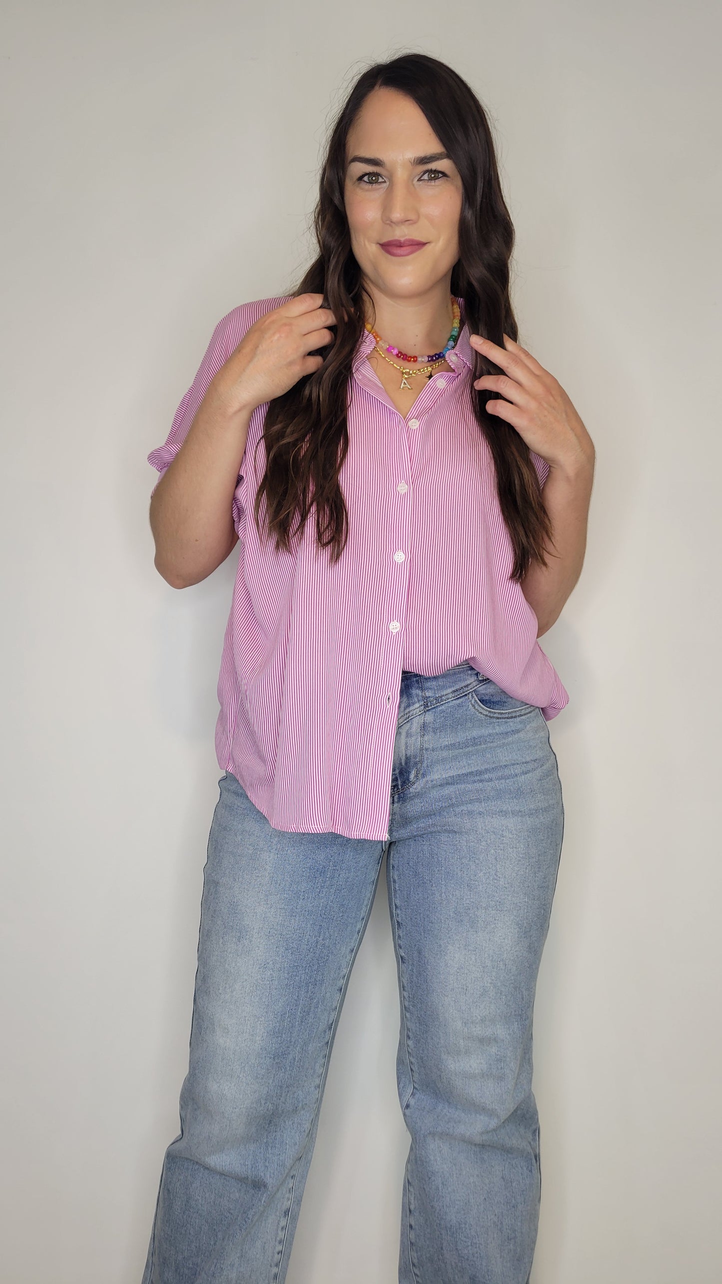 Barbie Pink/ White Stripe Collar Button Up Top “Bella”