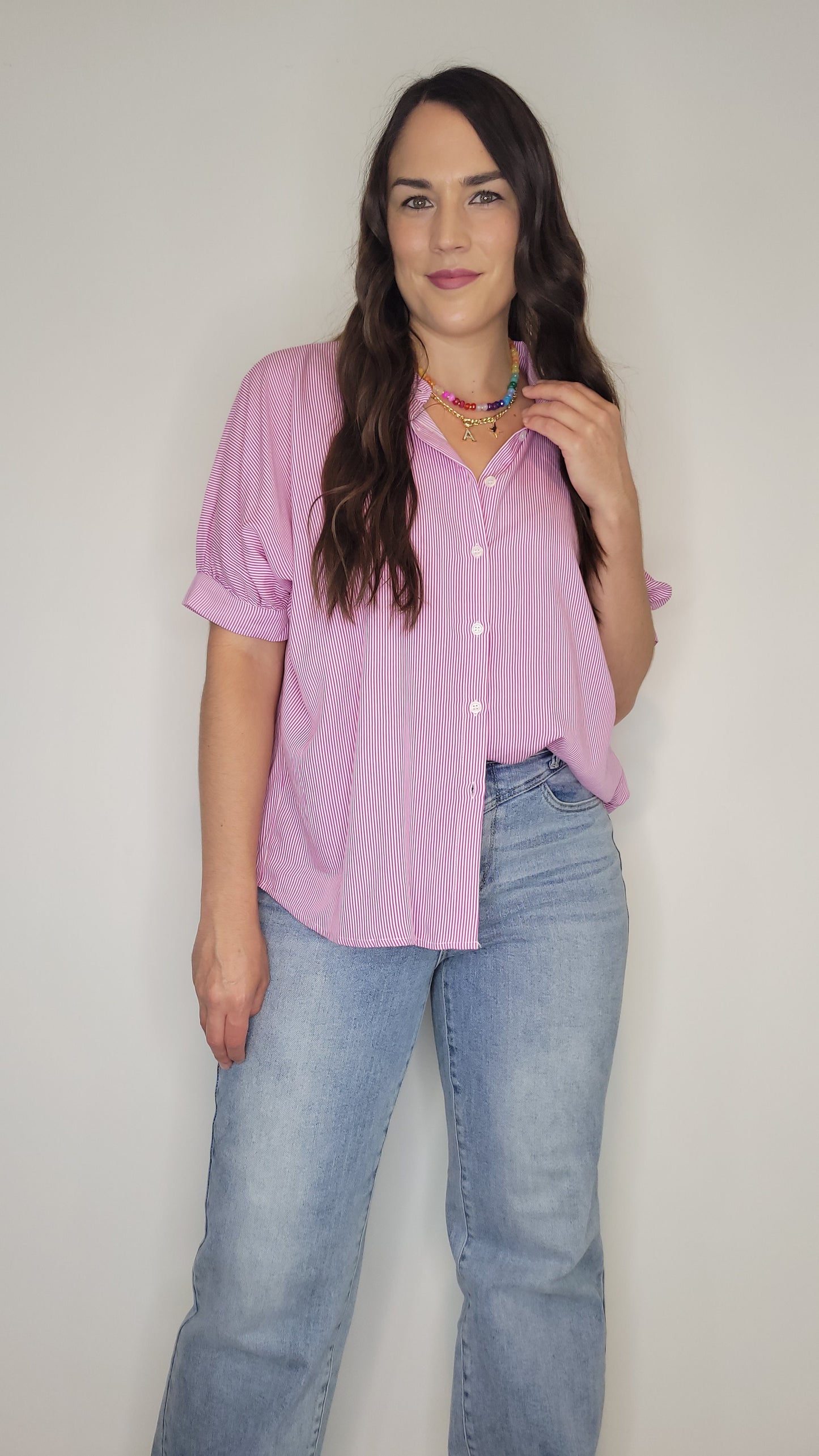 Barbie Pink/ White Stripe Collar Button Up Top “Bella”