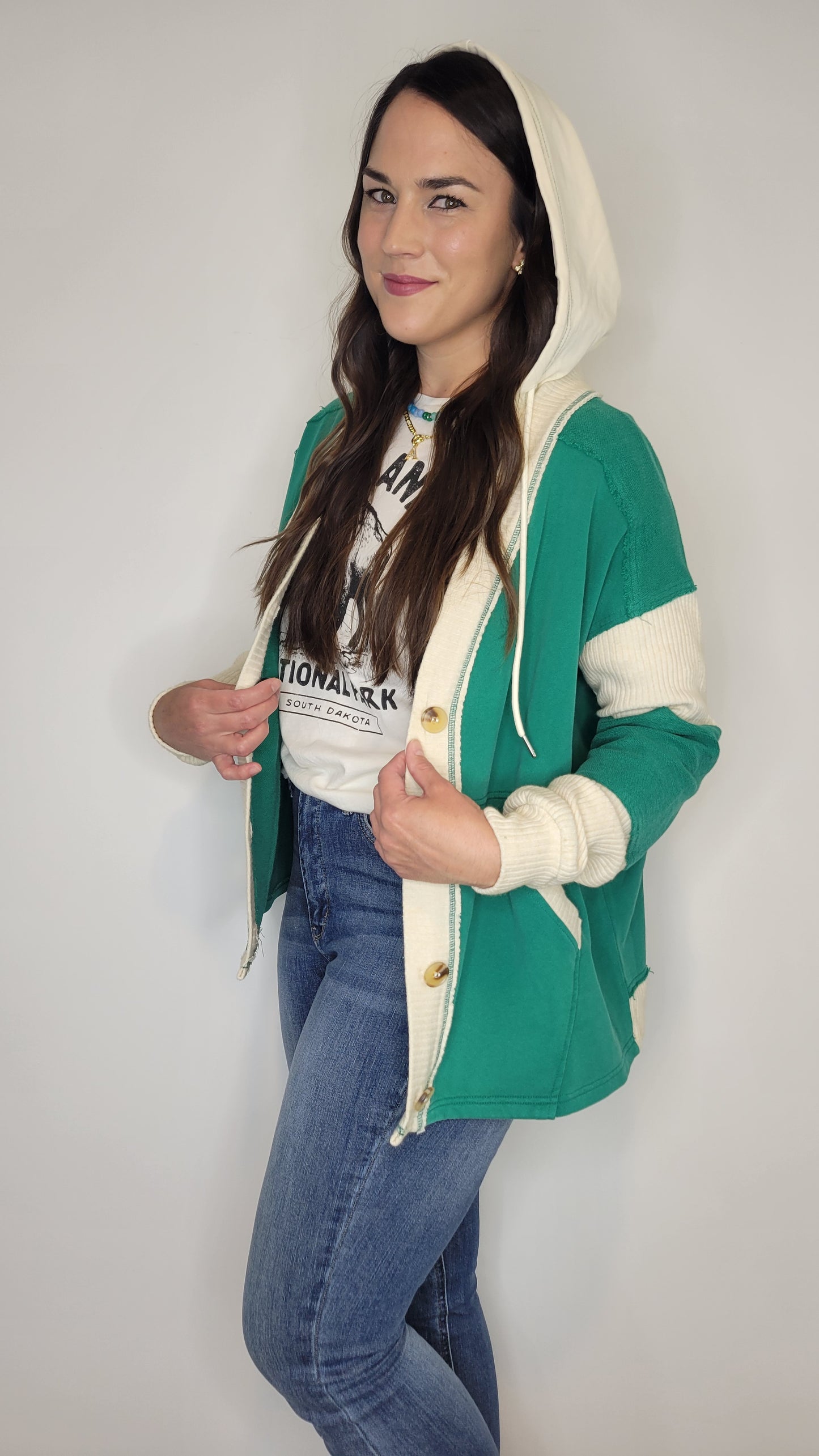 Green Button Up Hooded Cardigan with Pockets “Aurora”