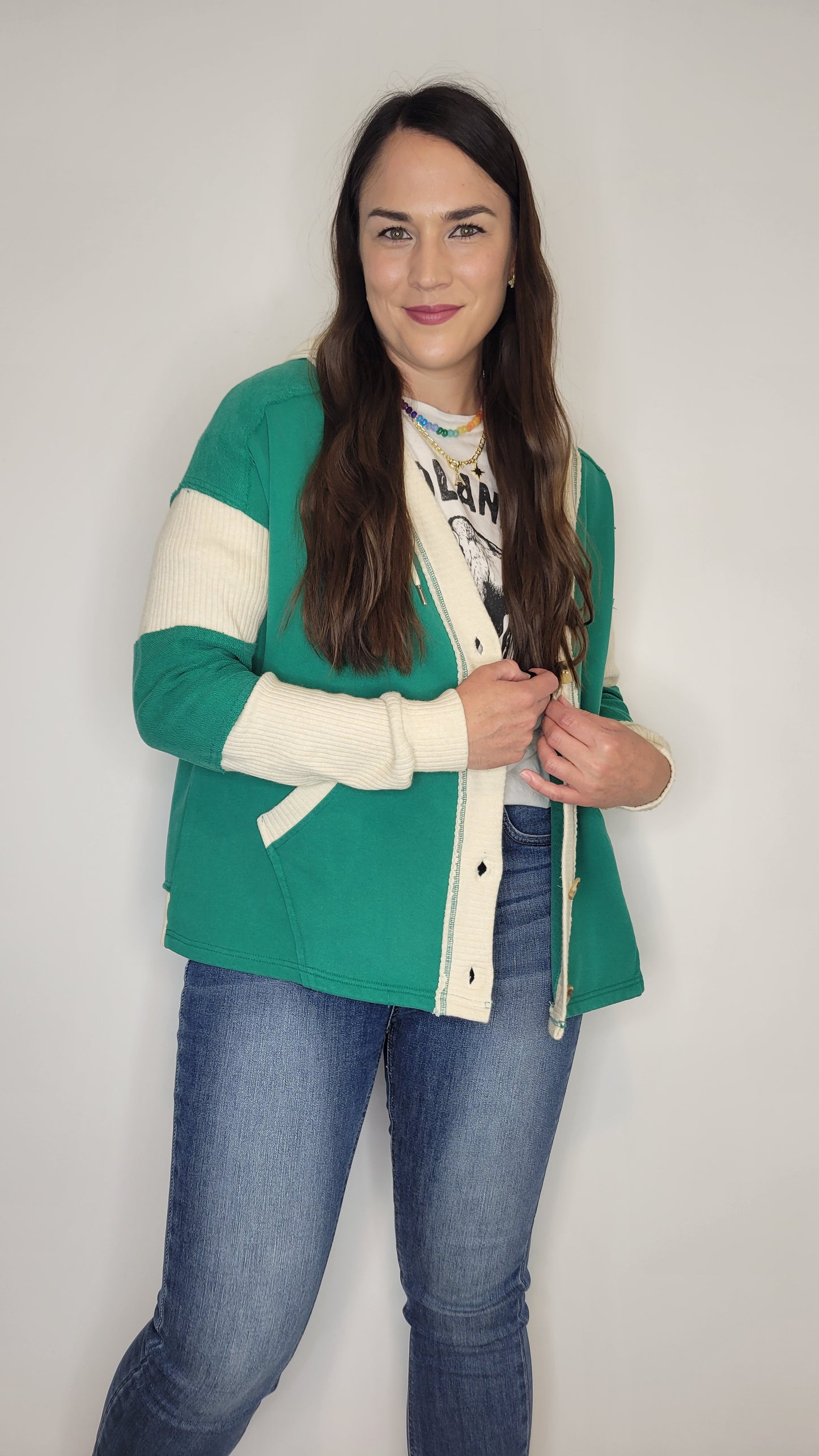 Green Button Up Hooded Cardigan with Pockets “Aurora”