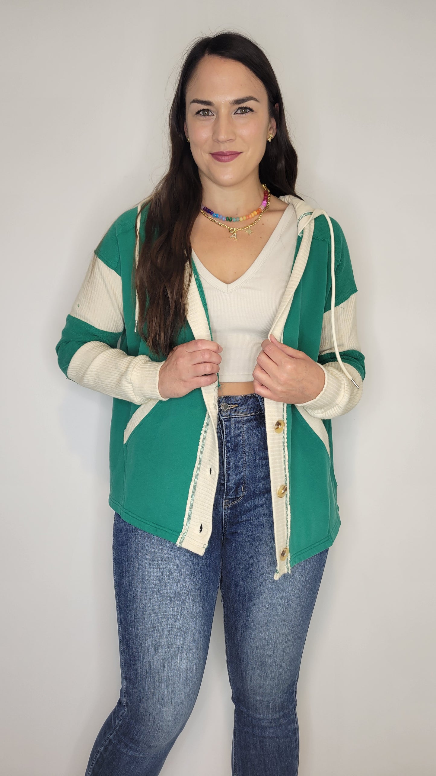 Green Button Up Hooded Cardigan with Pockets “Aurora”