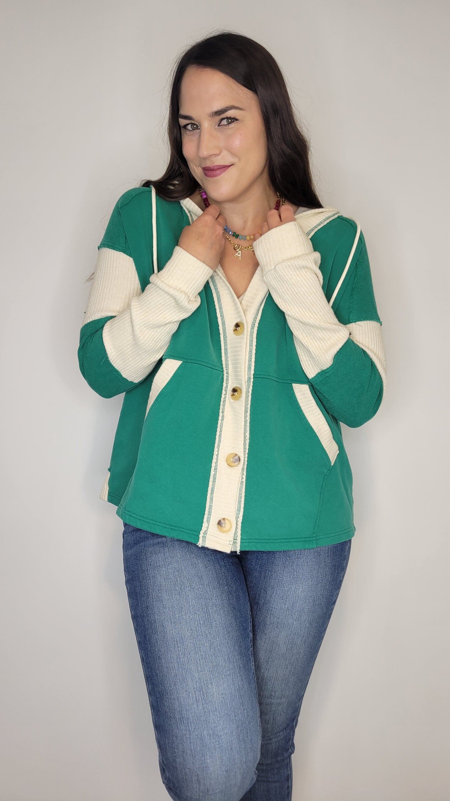 Green Button Up Hooded Cardigan with Pockets “Aurora”