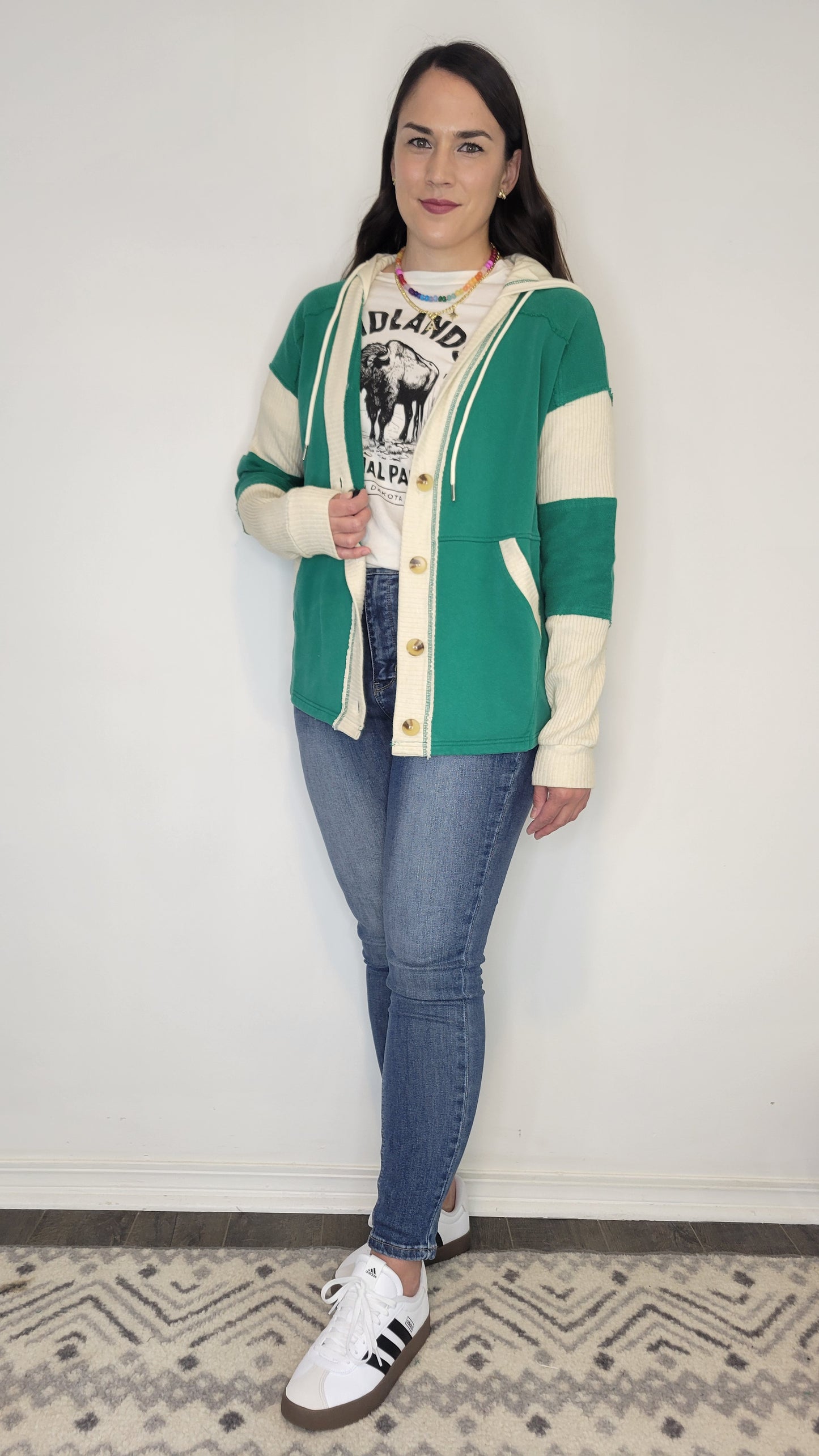 Green Button Up Hooded Cardigan with Pockets “Aurora”