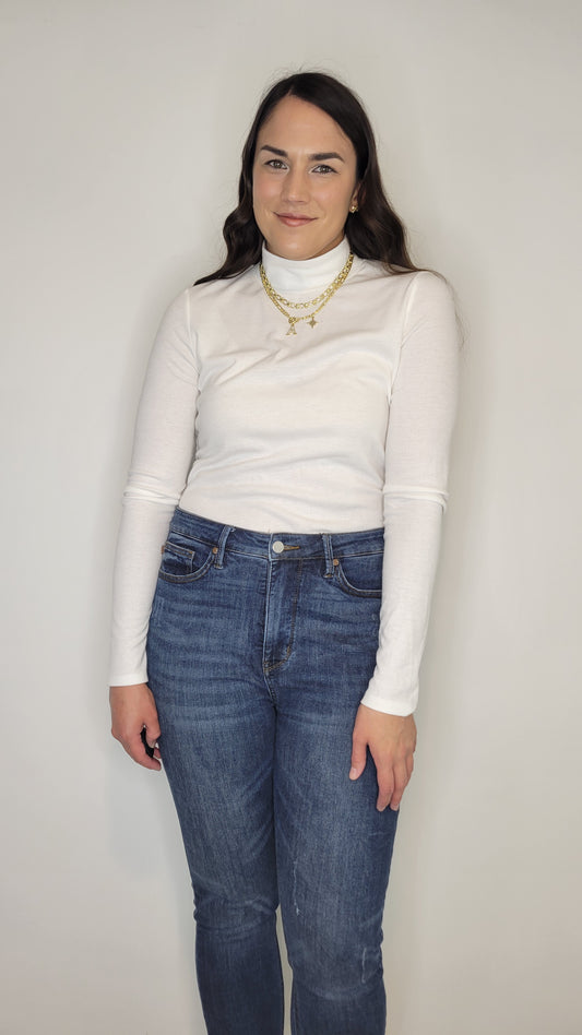 White Ribbed Basic Mock Neck Long Sleeve Top "Katherine"