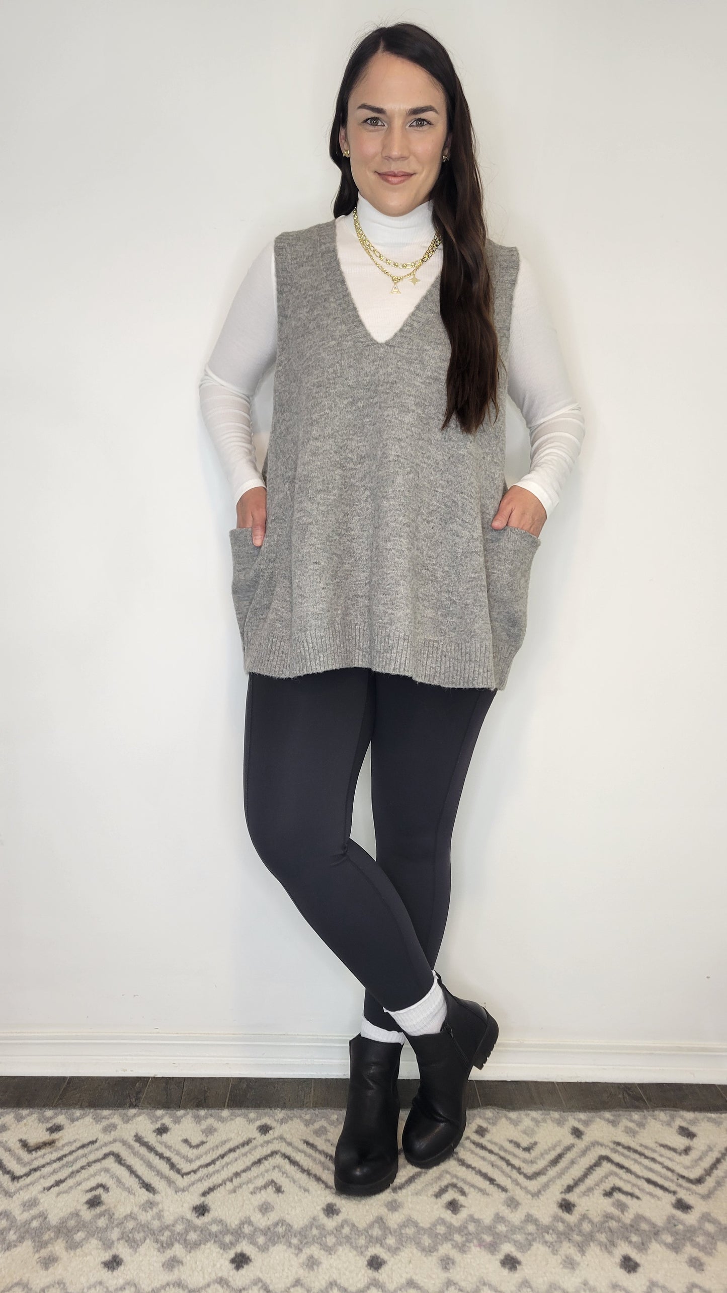 Heather Grey Oversize Long Sweater Vest with Pockets “Delany”