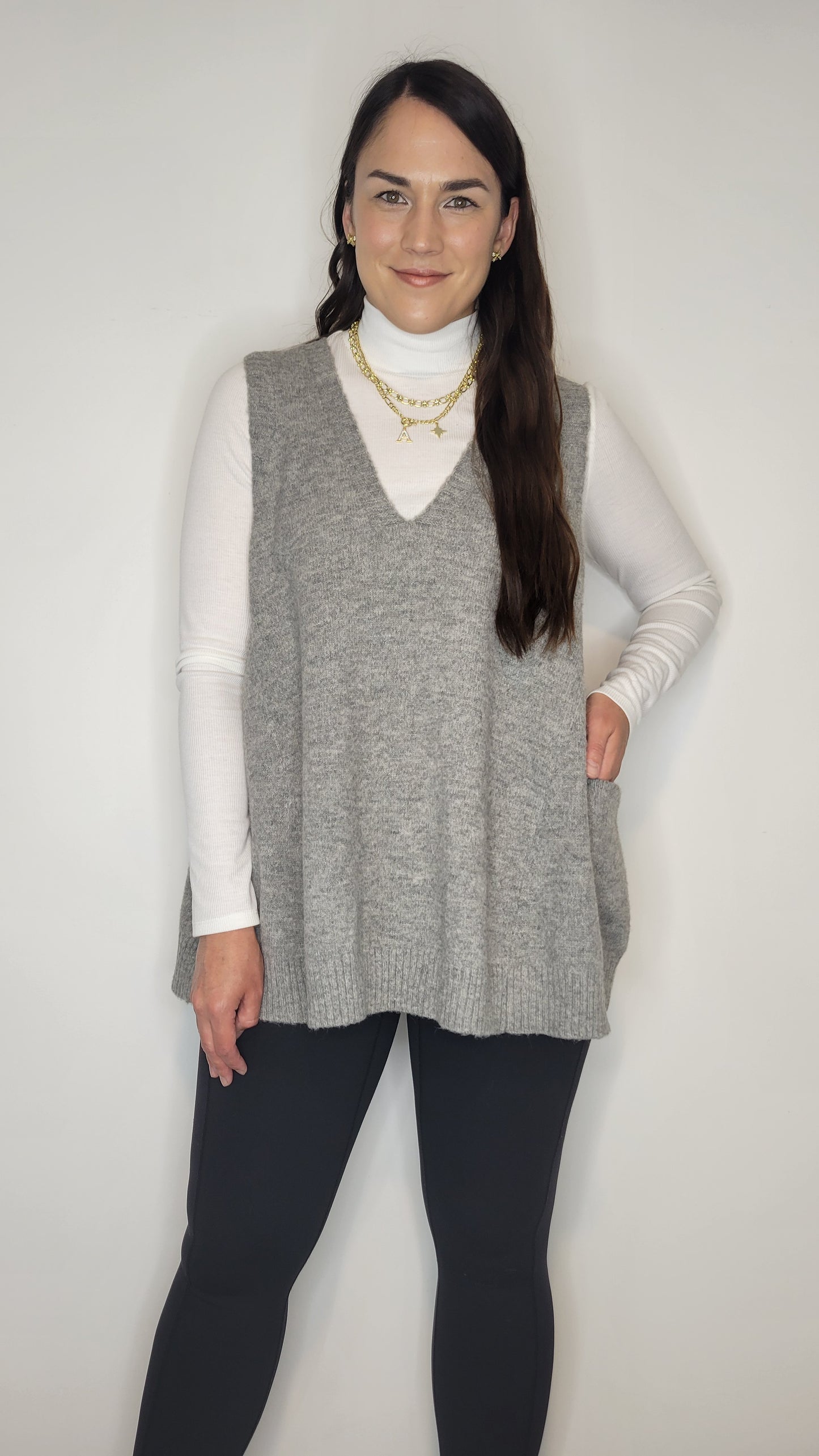 Heather Grey Oversize Long Sweater Vest with Pockets “Delany”