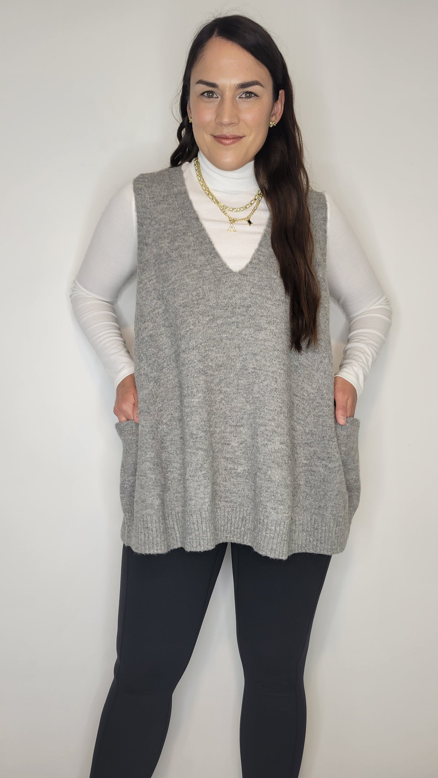 Heather Grey Oversize Long Sweater Vest with Pockets “Delany”