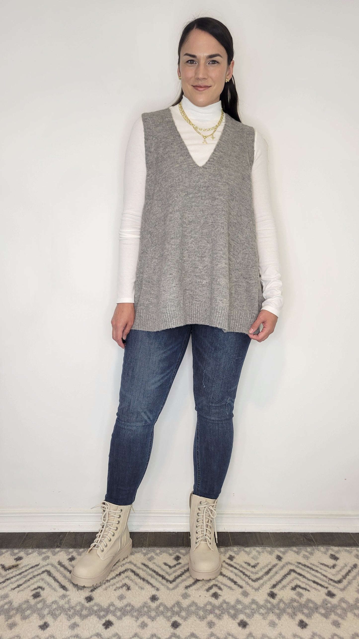 Heather Grey Oversize Long Sweater Vest with Pockets “Delany”