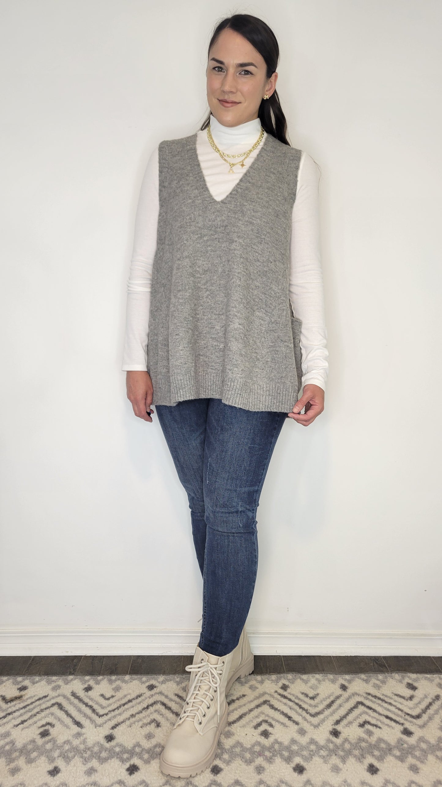 Heather Grey Oversize Long Sweater Vest with Pockets “Delany”