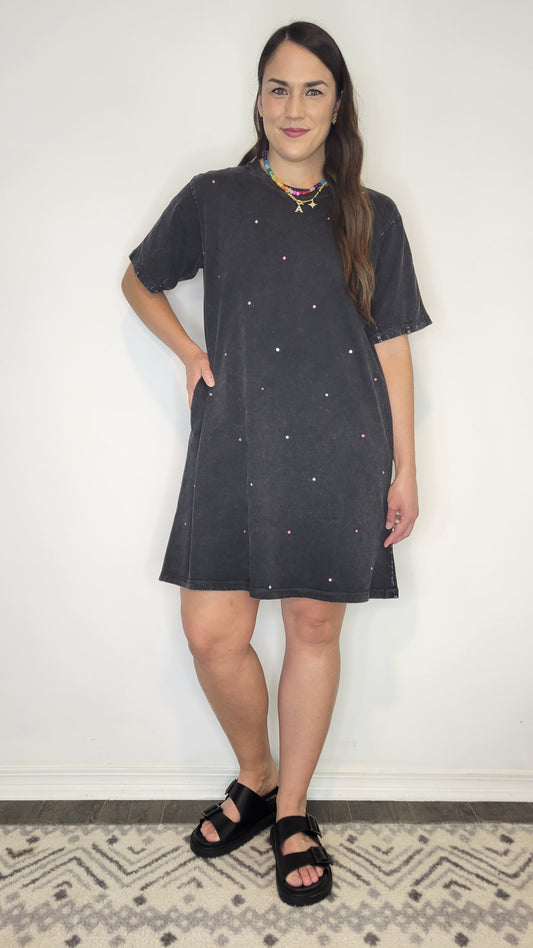 Black Mineral Wash Rhinestone T-Shirt Dress “Blythe”