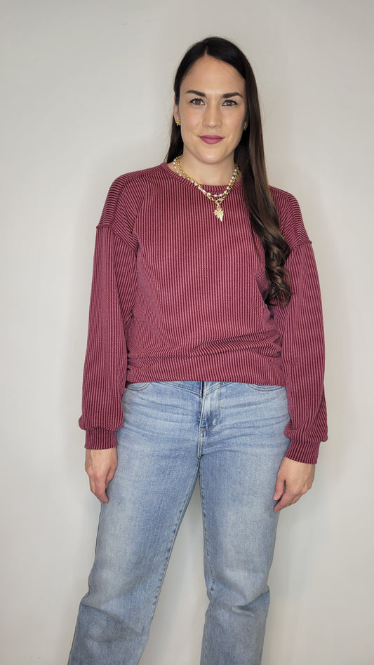 Burgundy Urban Ribbed Long Sleeve Top "Gretchyn"