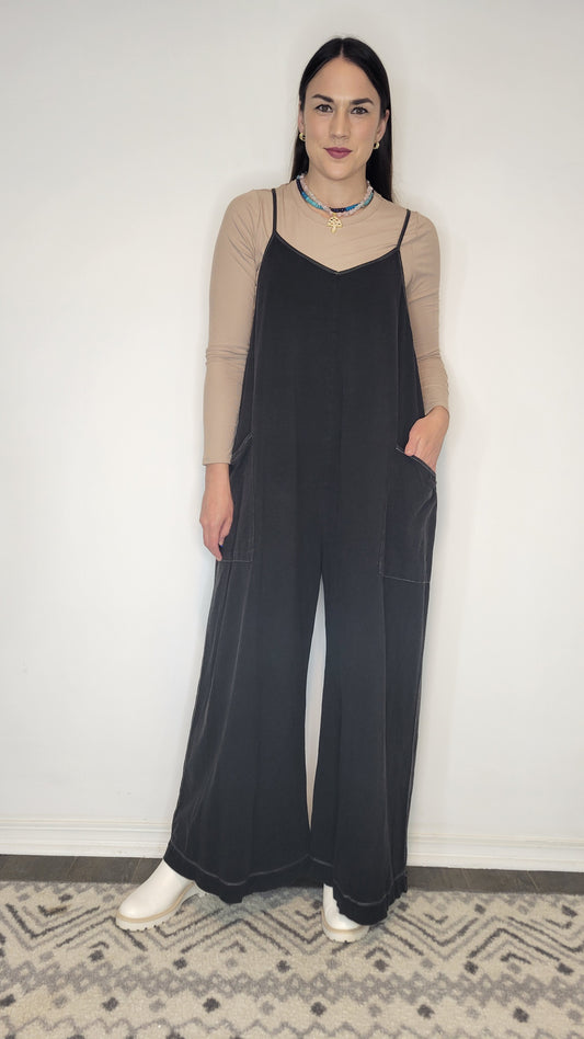 Black Mineral Wash Wide Leg Jumpsuit "Tatum"