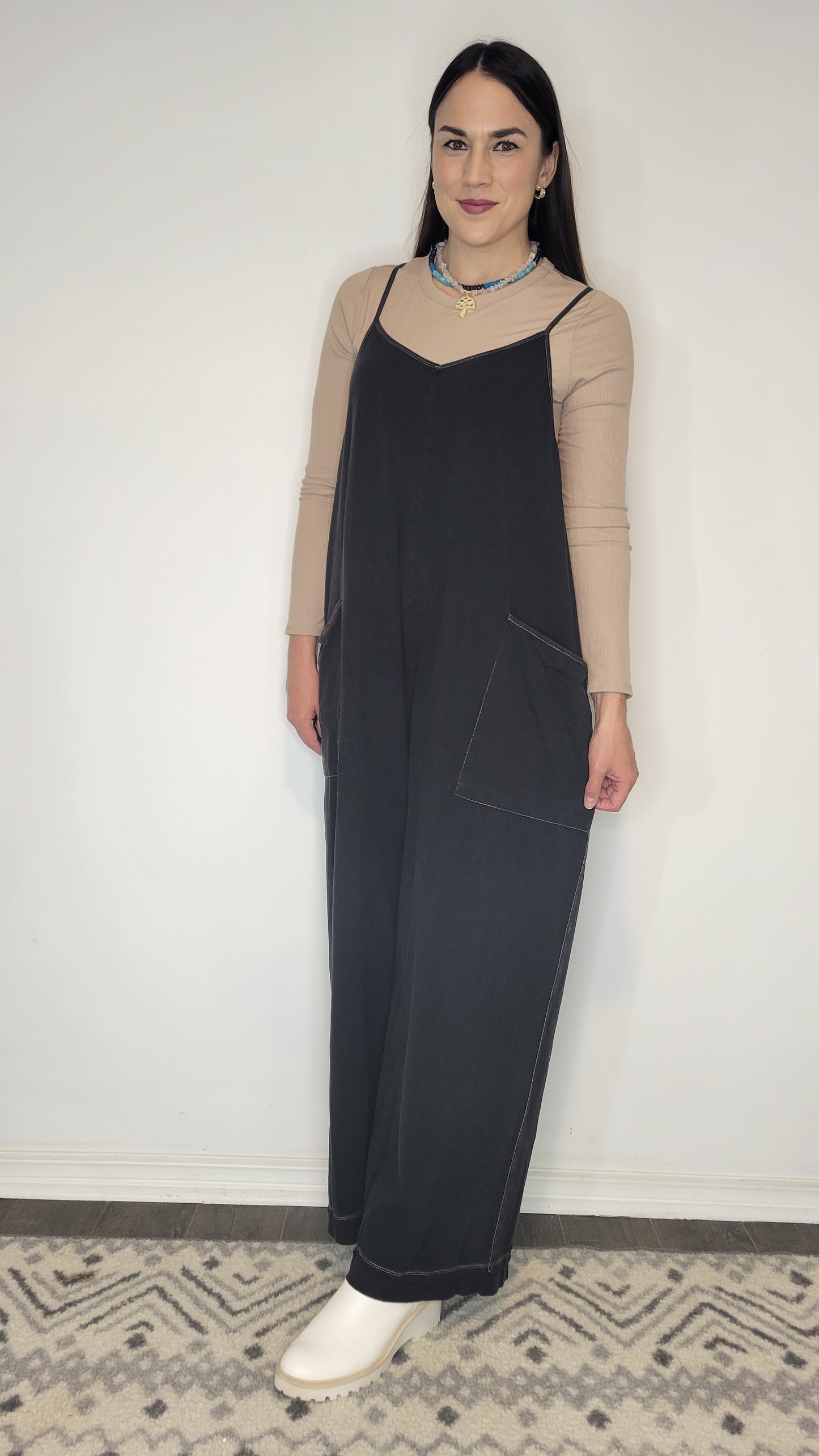 Black Mineral Wash Wide Leg Jumpsuit "Tatum"