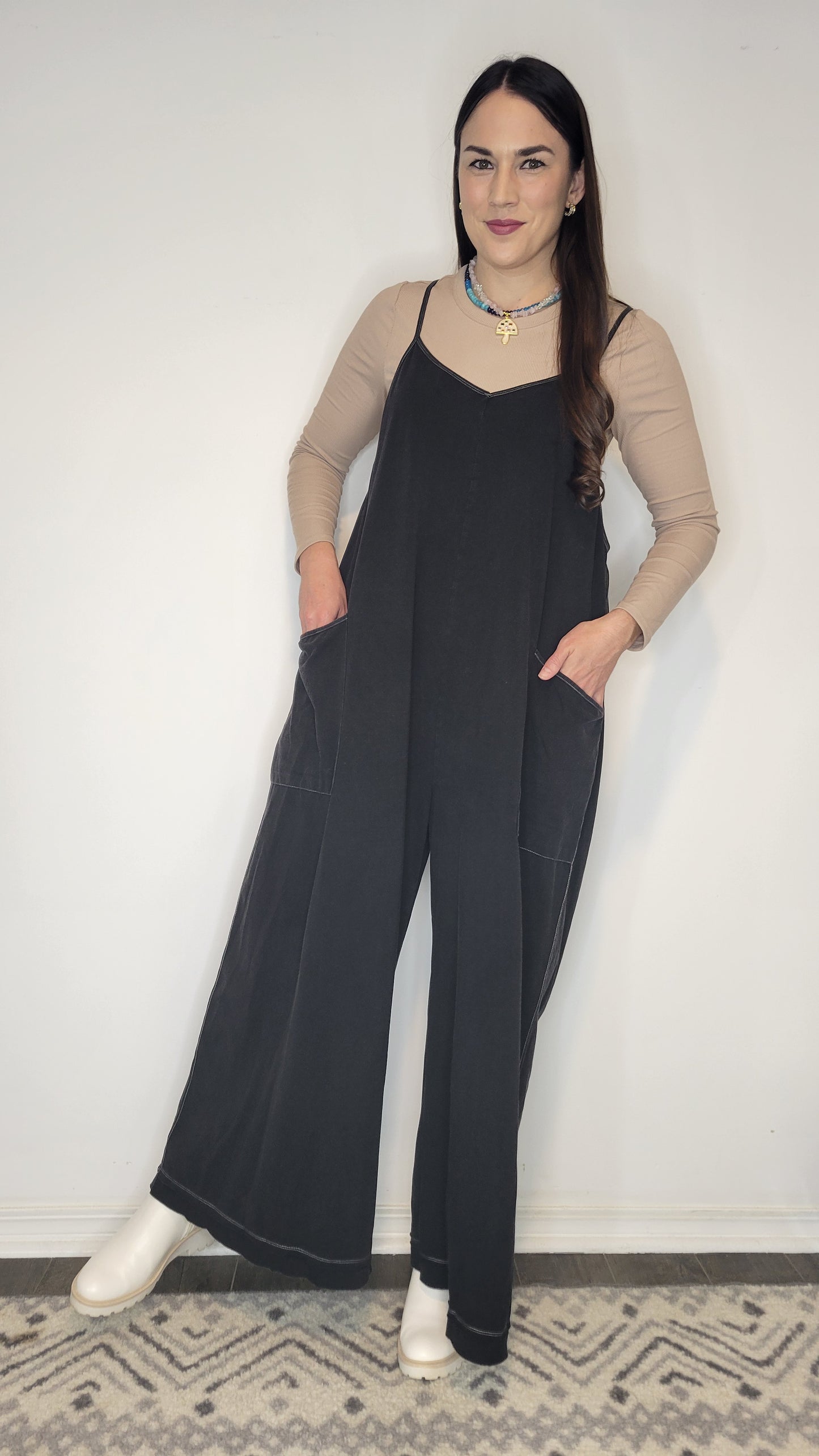 Black Mineral Wash Wide Leg Jumpsuit "Tatum"