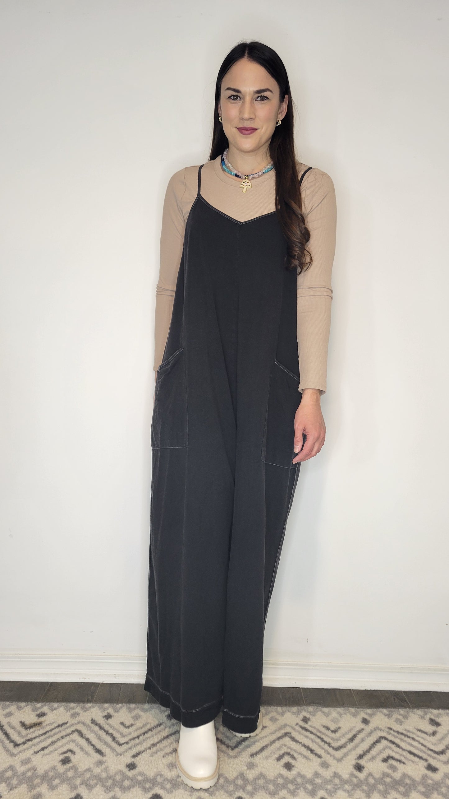 Black Mineral Wash Wide Leg Jumpsuit "Tatum"