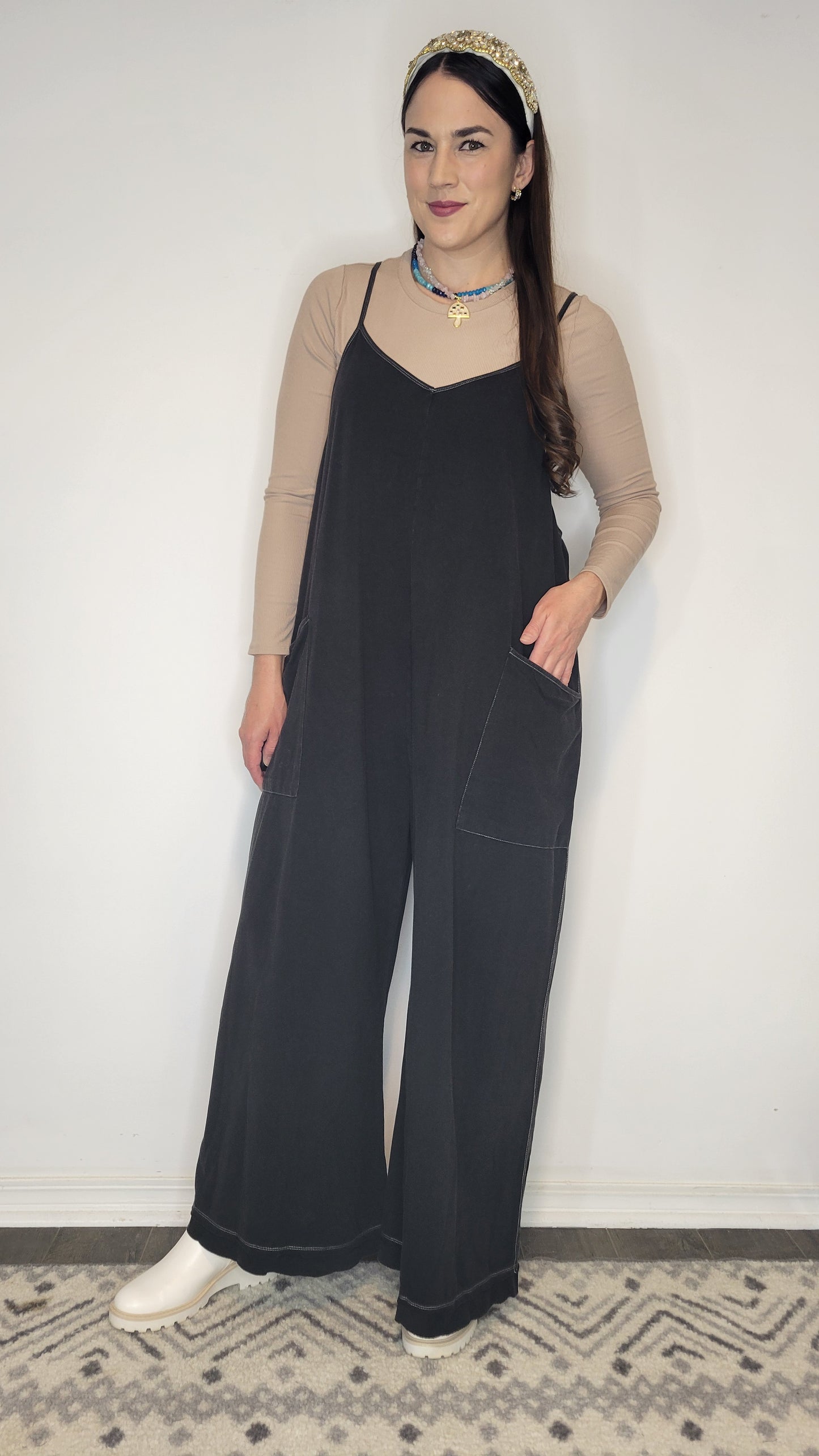 Black Mineral Wash Wide Leg Jumpsuit "Tatum"