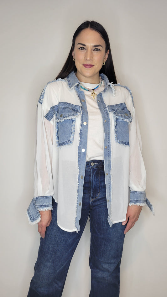 Denim/Chiffon Contrast Shacket "Tessa"