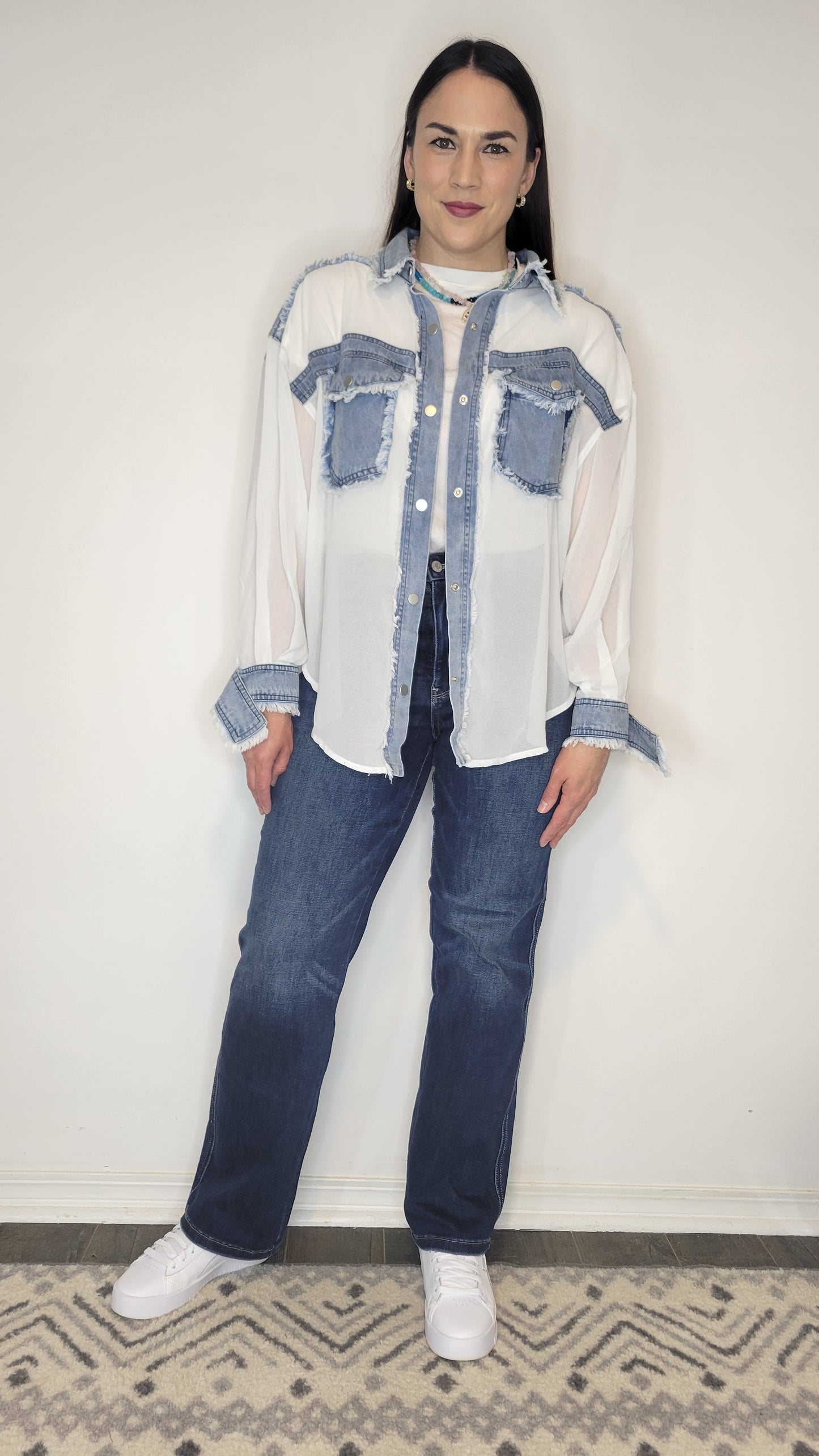 Denim/Chiffon Contrast Shacket "Tessa"