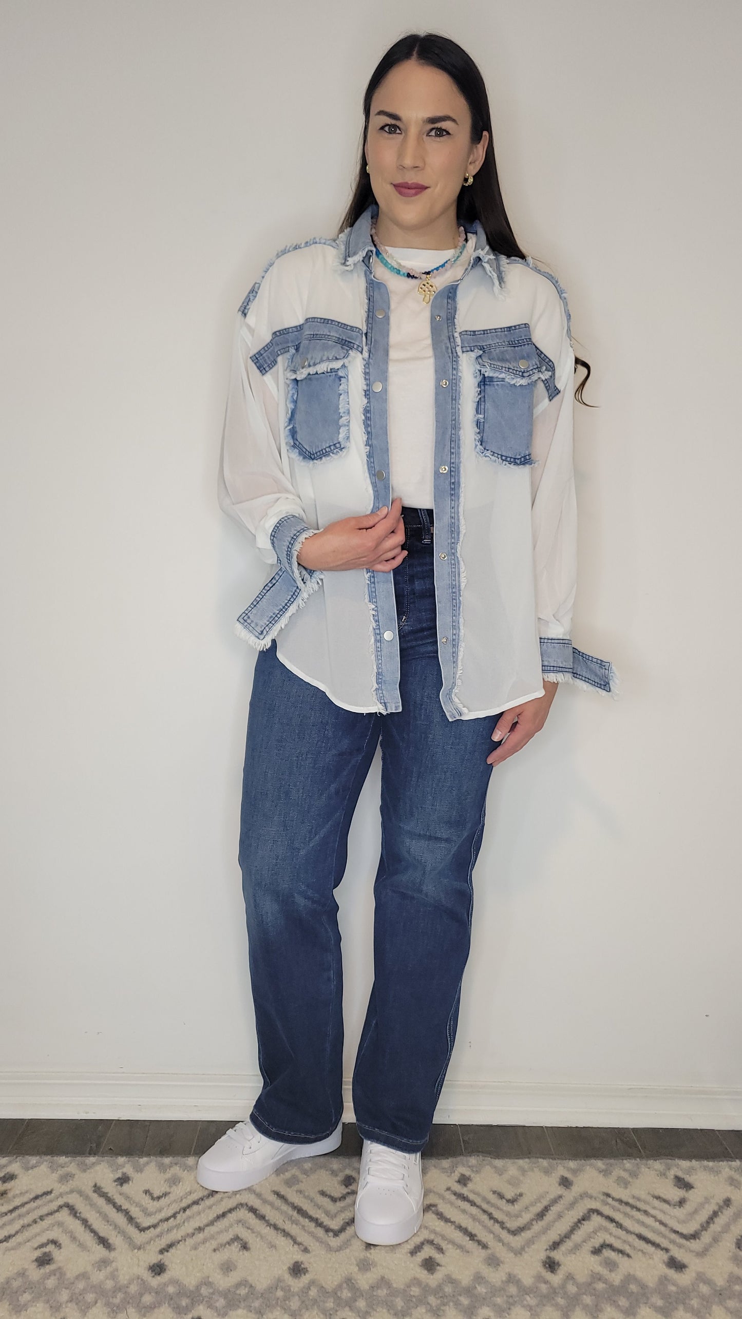 Denim/Chiffon Contrast Shacket "Tessa"