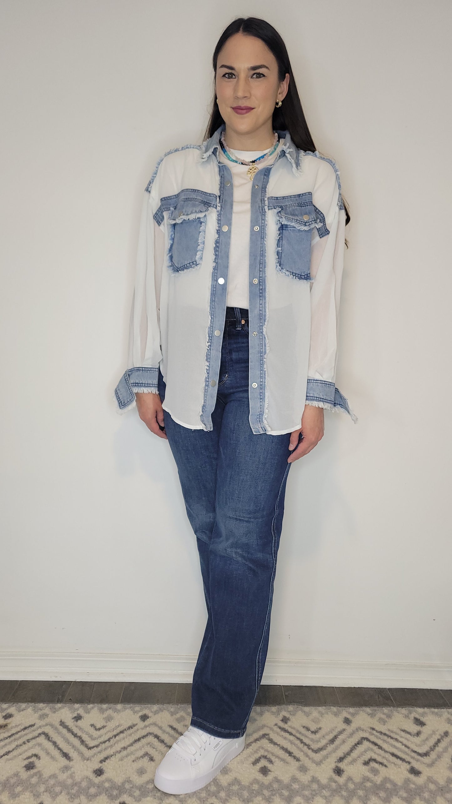 Denim/Chiffon Contrast Shacket "Tessa"