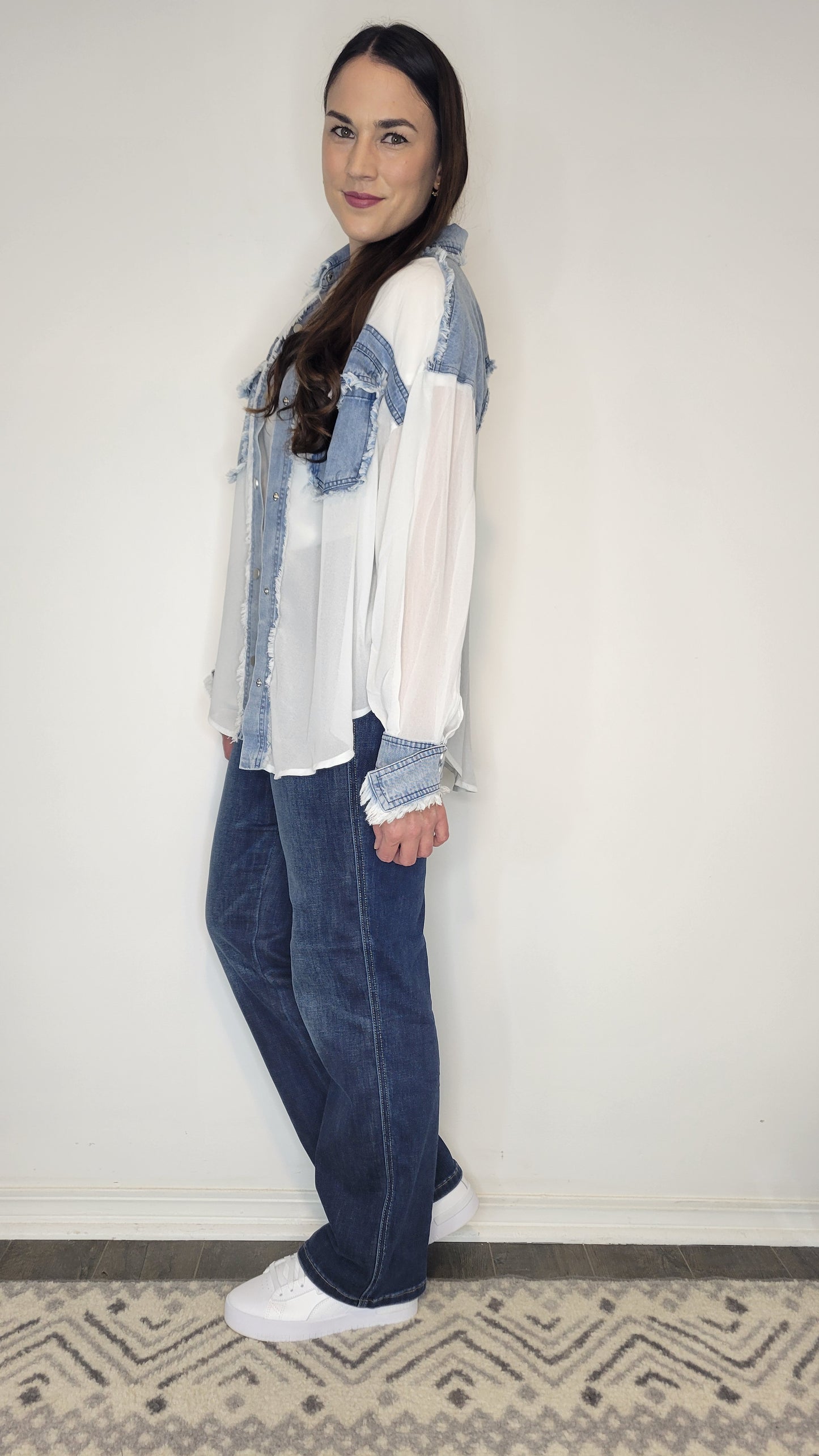 Denim/Chiffon Contrast Shacket "Tessa"