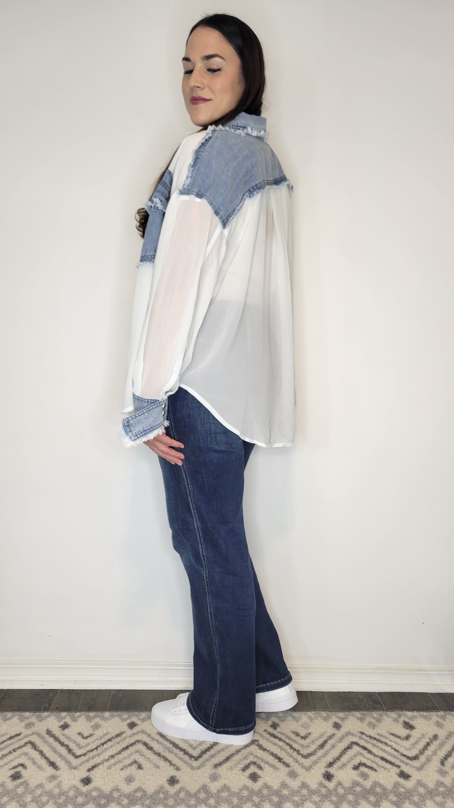 Denim/Chiffon Contrast Shacket "Tessa"