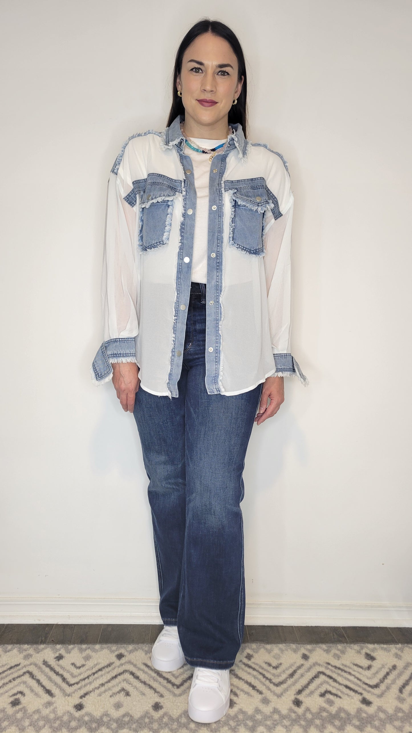 Denim/Chiffon Contrast Shacket "Tessa"