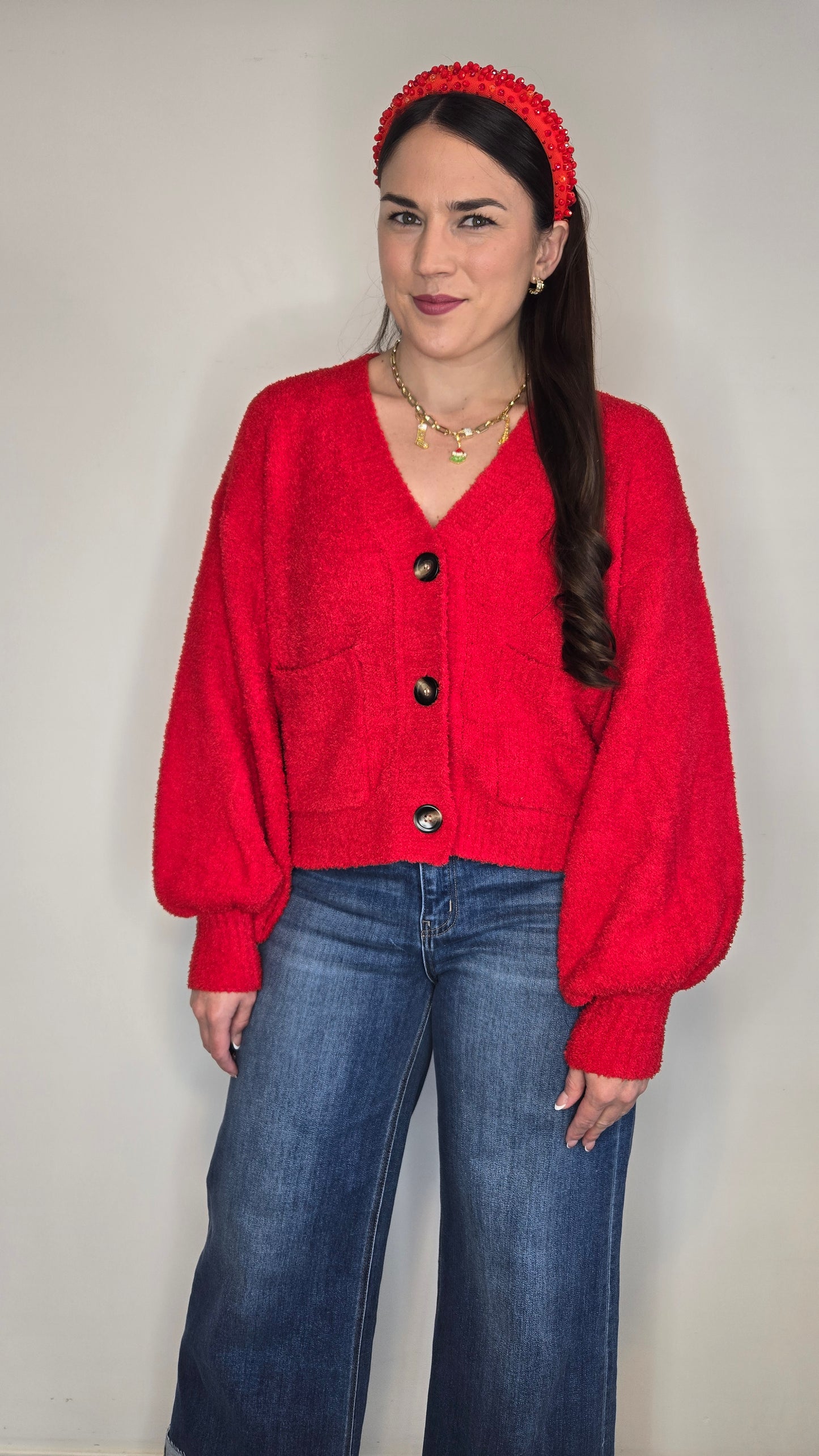 Red Cropped Button Up Cardigan "Mila"