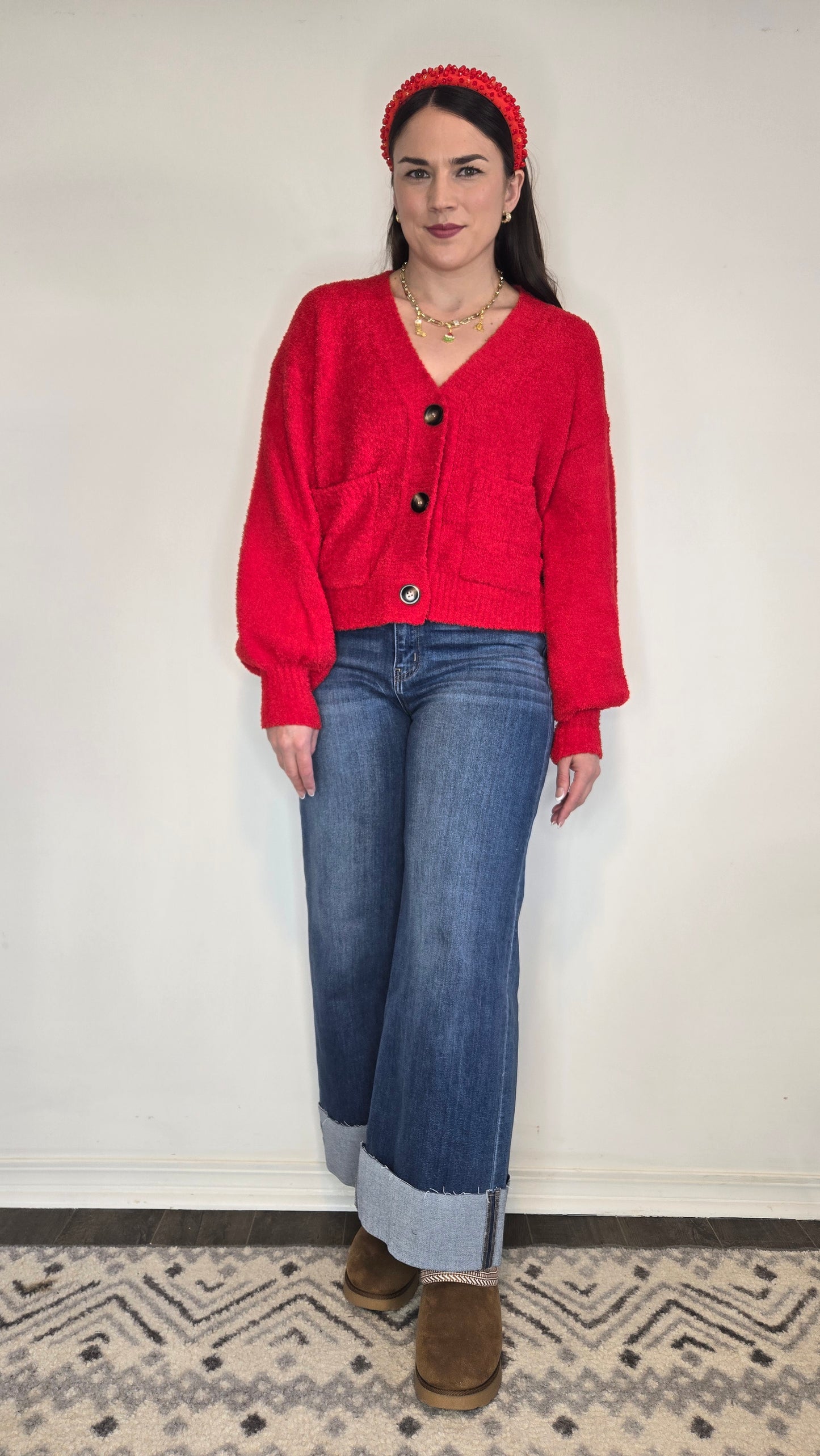 Red Cropped Button Up Cardigan "Mila"