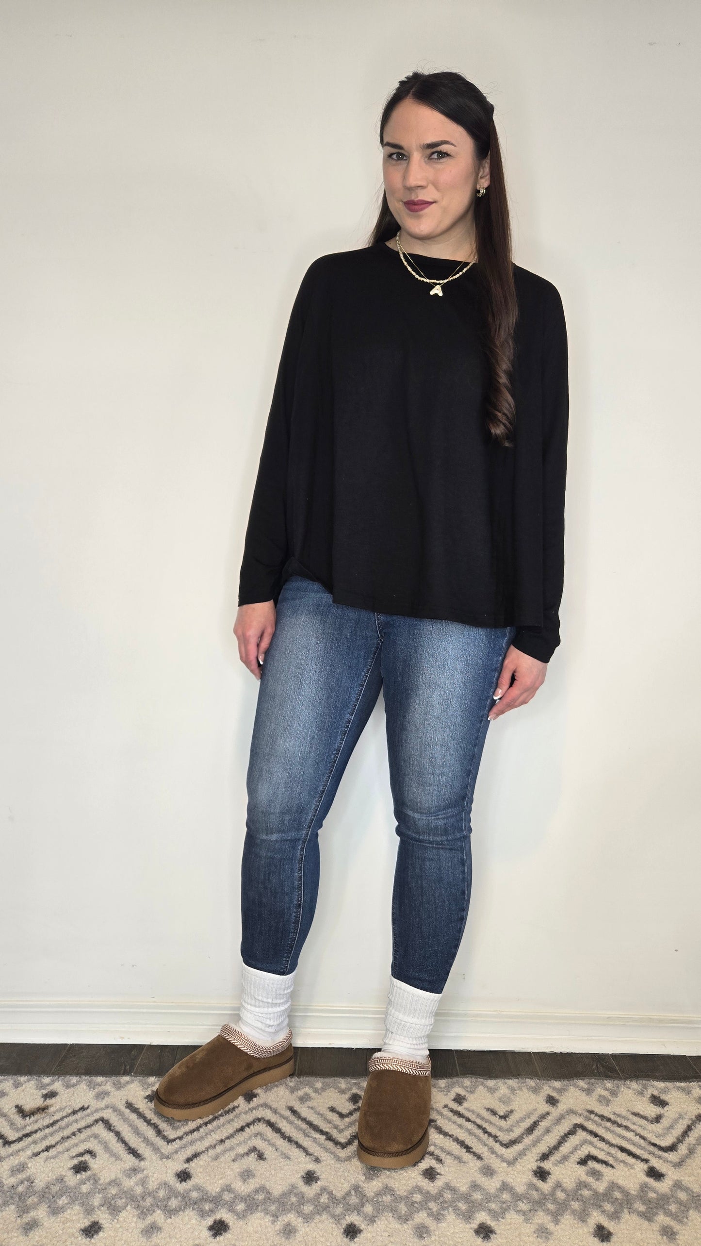 Black Raglan Long Sleeve Garment Washed Hi Low Oversize Top "Cora"