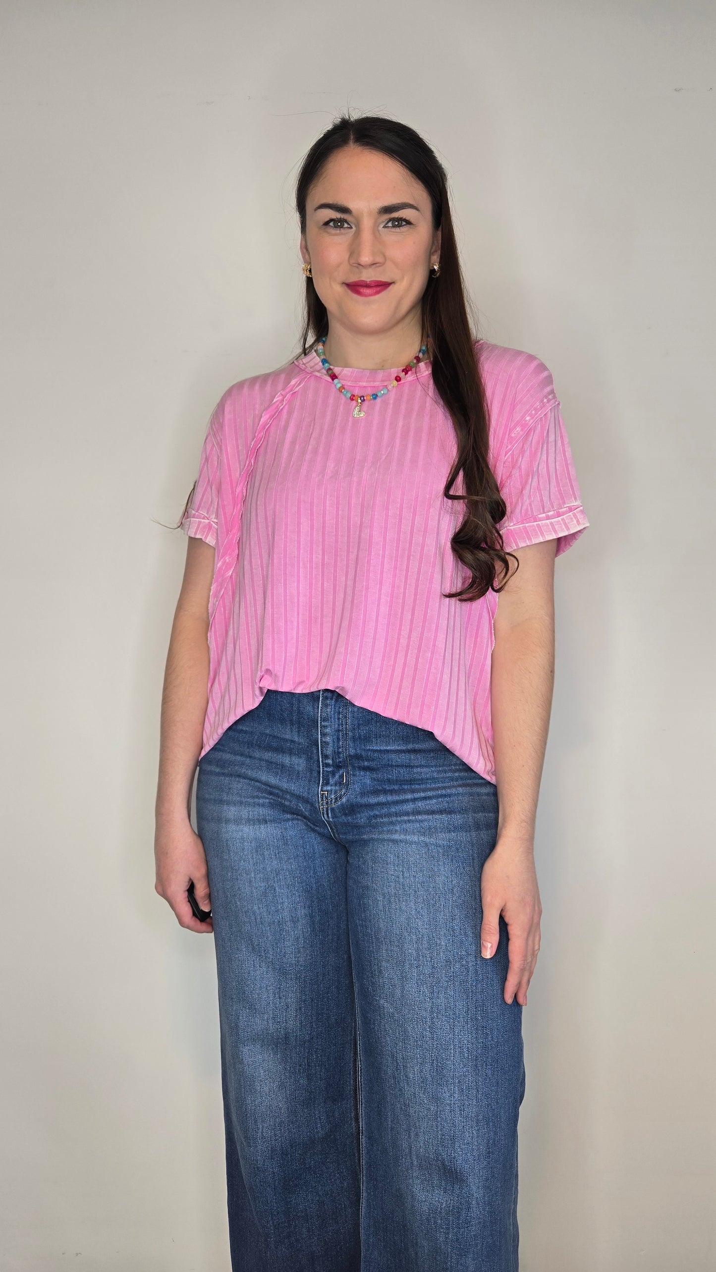 Candy Pink Acid Washed Ribbed Top "Candy"