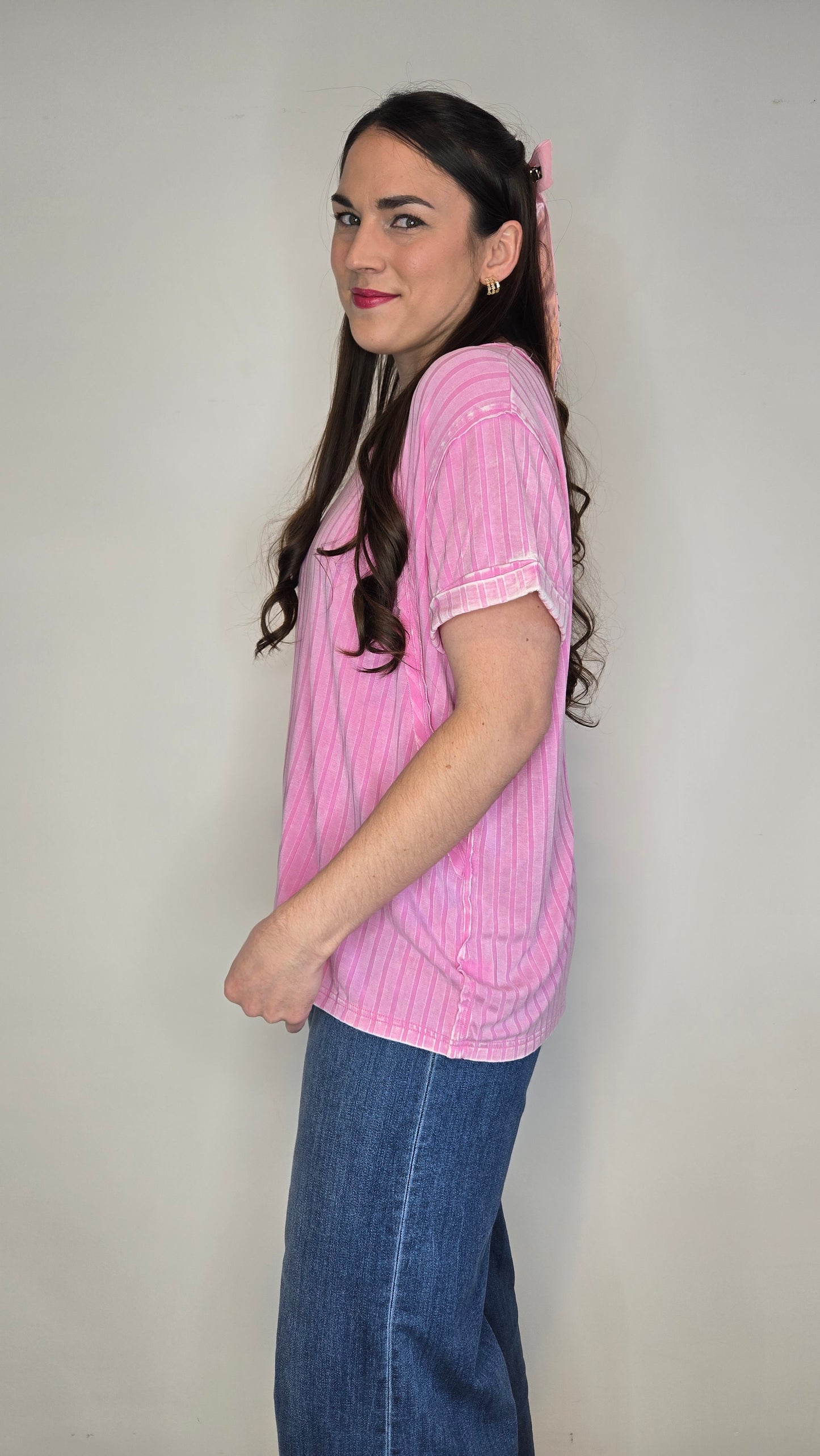 Candy Pink Acid Washed Ribbed Top "Candy"