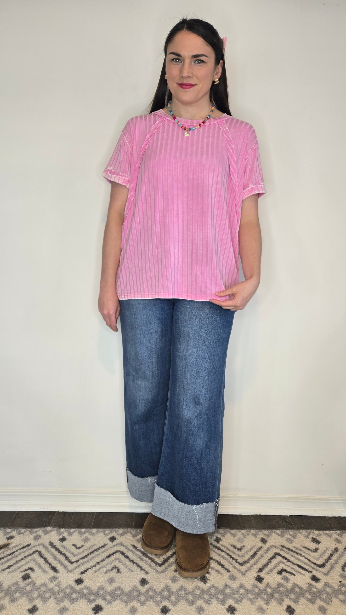 Candy Pink Acid Washed Ribbed Top "Candy"