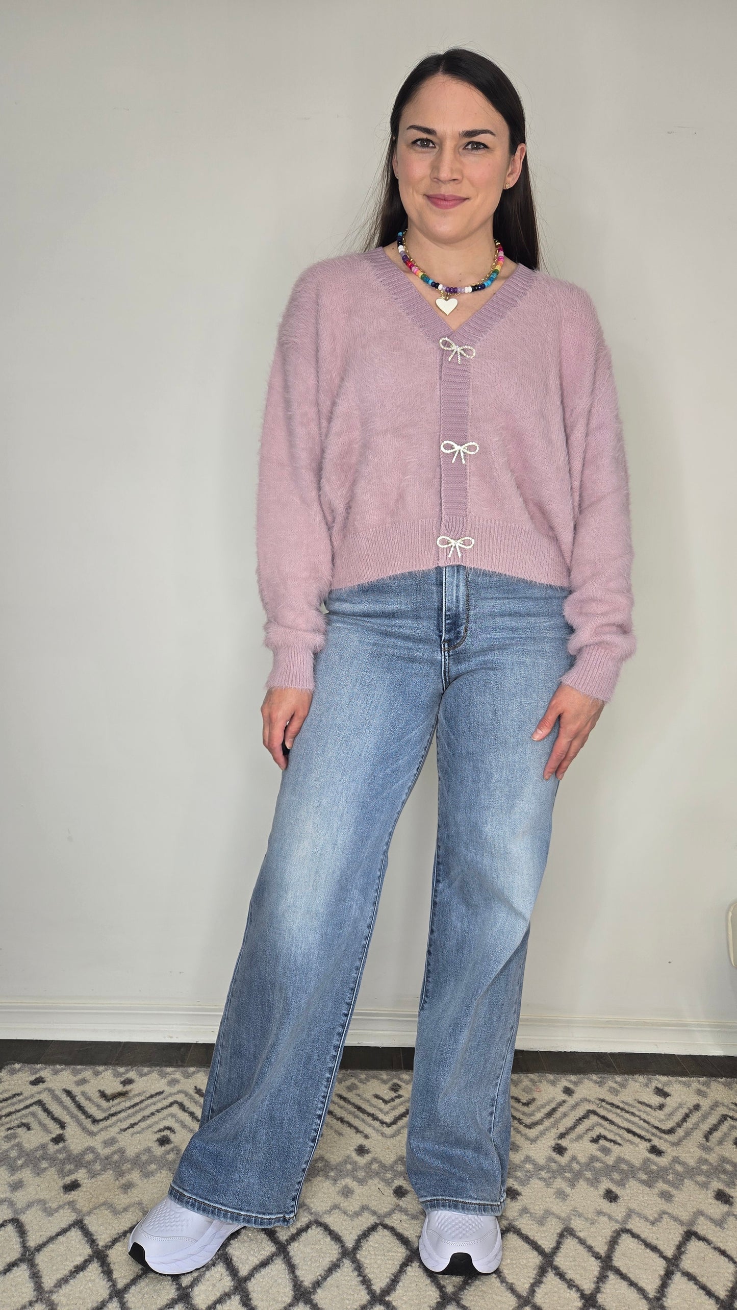 Lavender Fuzzy Hair Yarn Cropped Cardigan with Rhinestone Bows and Buttons "Rhiannon"