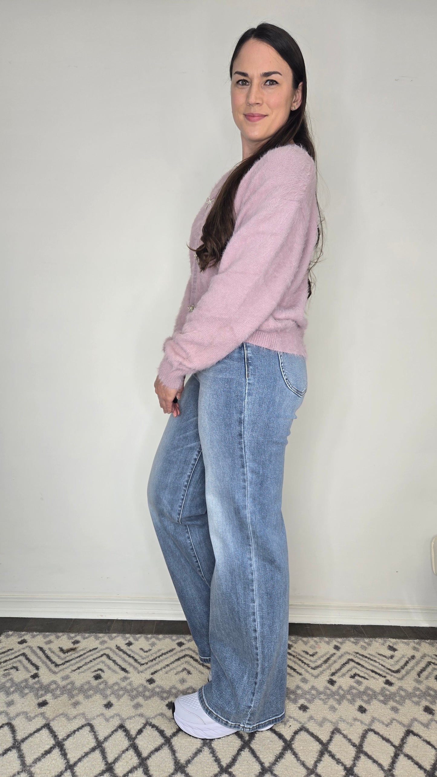 Lavender Fuzzy Hair Yarn Cropped Cardigan with Rhinestone Bows and Buttons "Rhiannon"