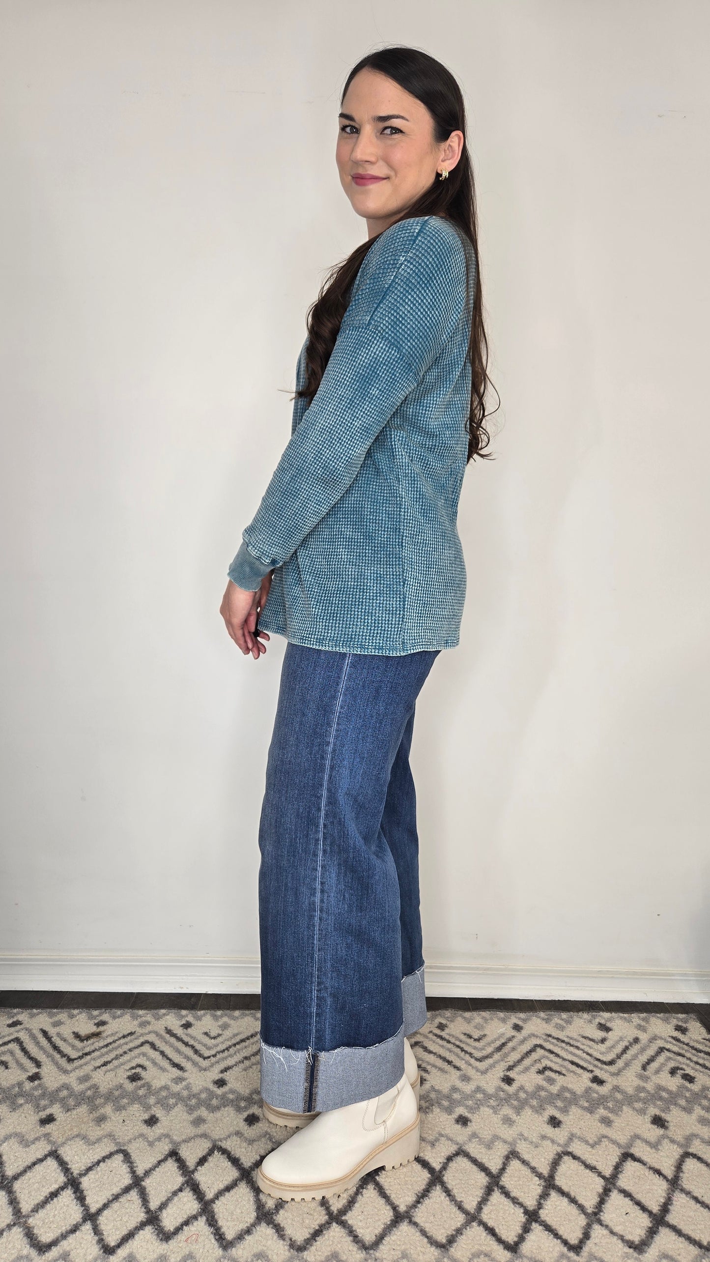 Teal Acid Wash Henley Waffle Long Sleeve Top "Tia"