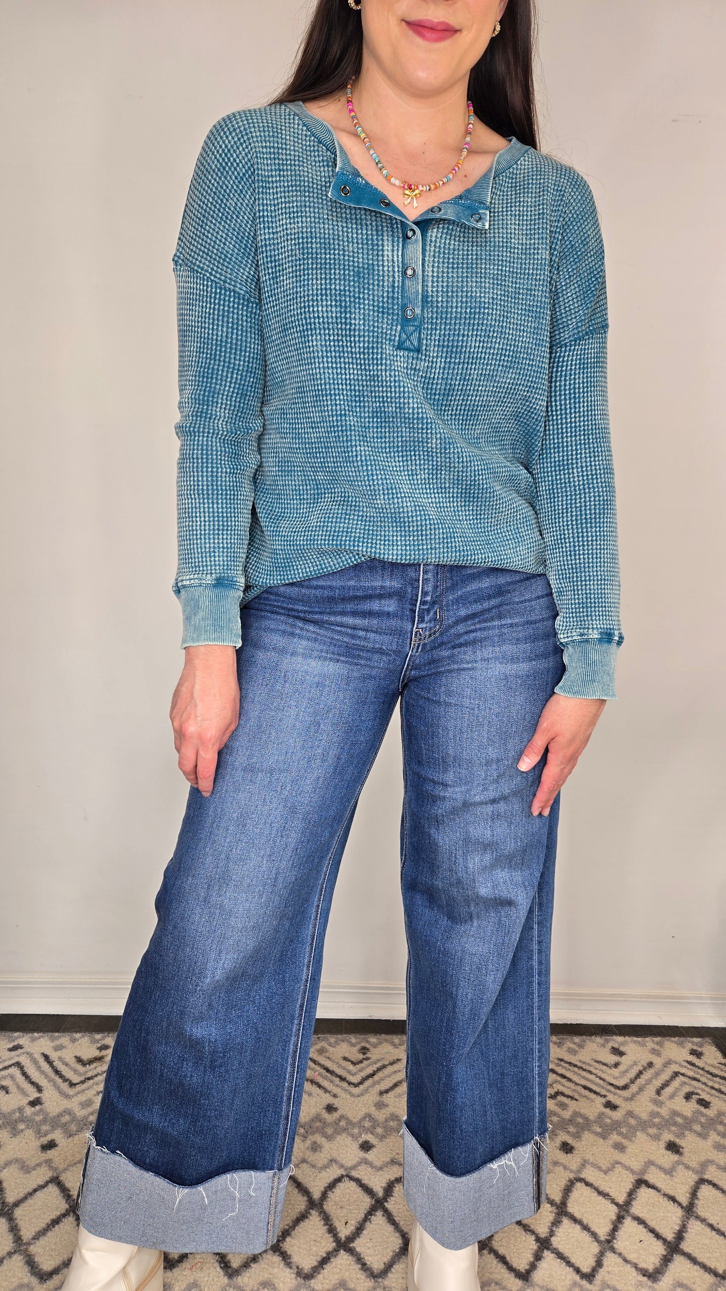 Teal Acid Wash Henley Waffle Long Sleeve Top "Tia"