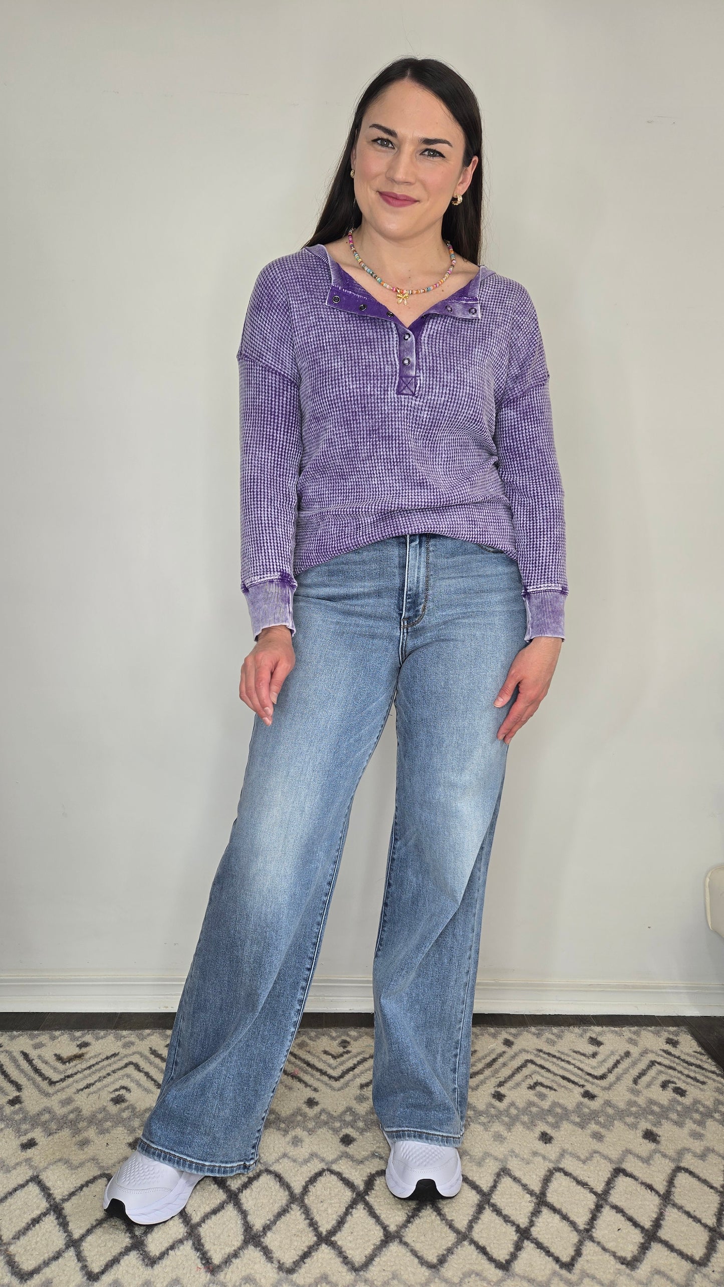 Violet Acid Wash Henley Waffle Long Sleeve Top "Vanessa"