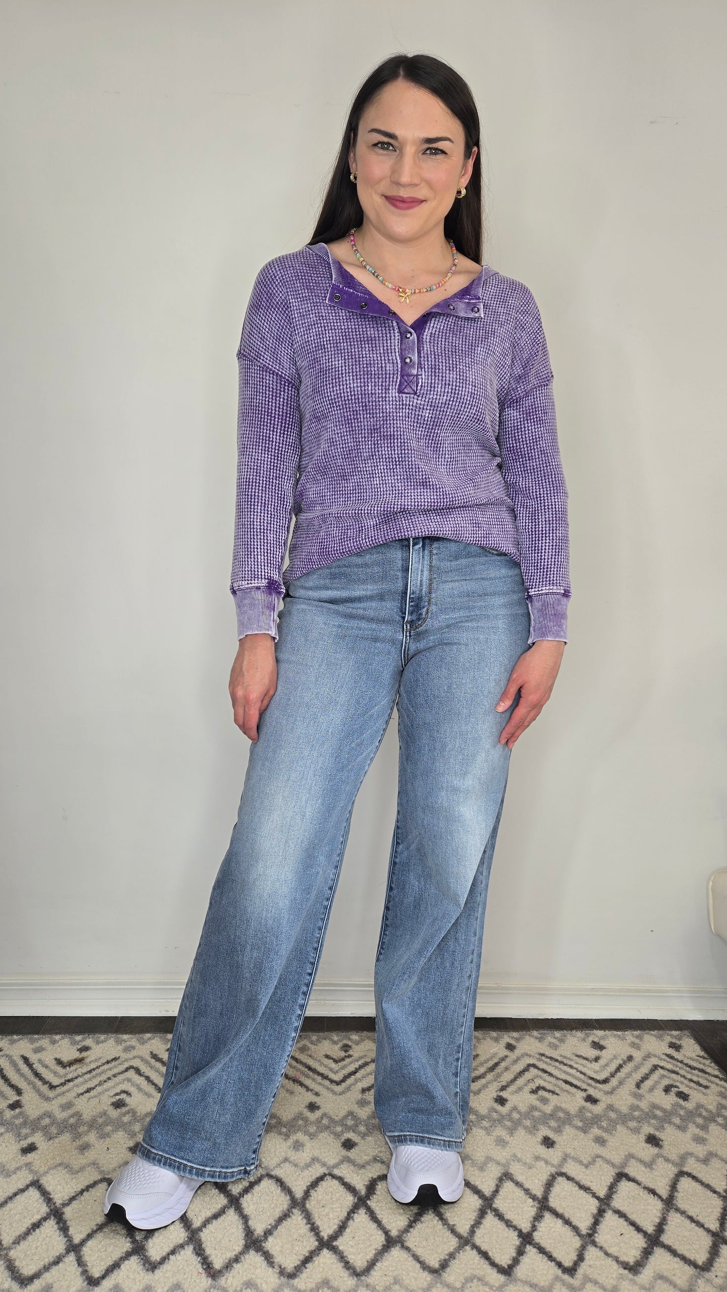 Violet Acid Wash Henley Waffle Long Sleeve Top "Vanessa"