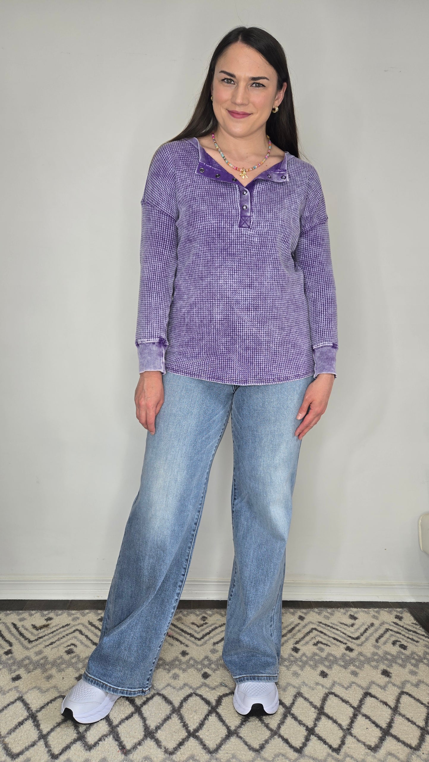 Violet Acid Wash Henley Waffle Long Sleeve Top "Vanessa"
