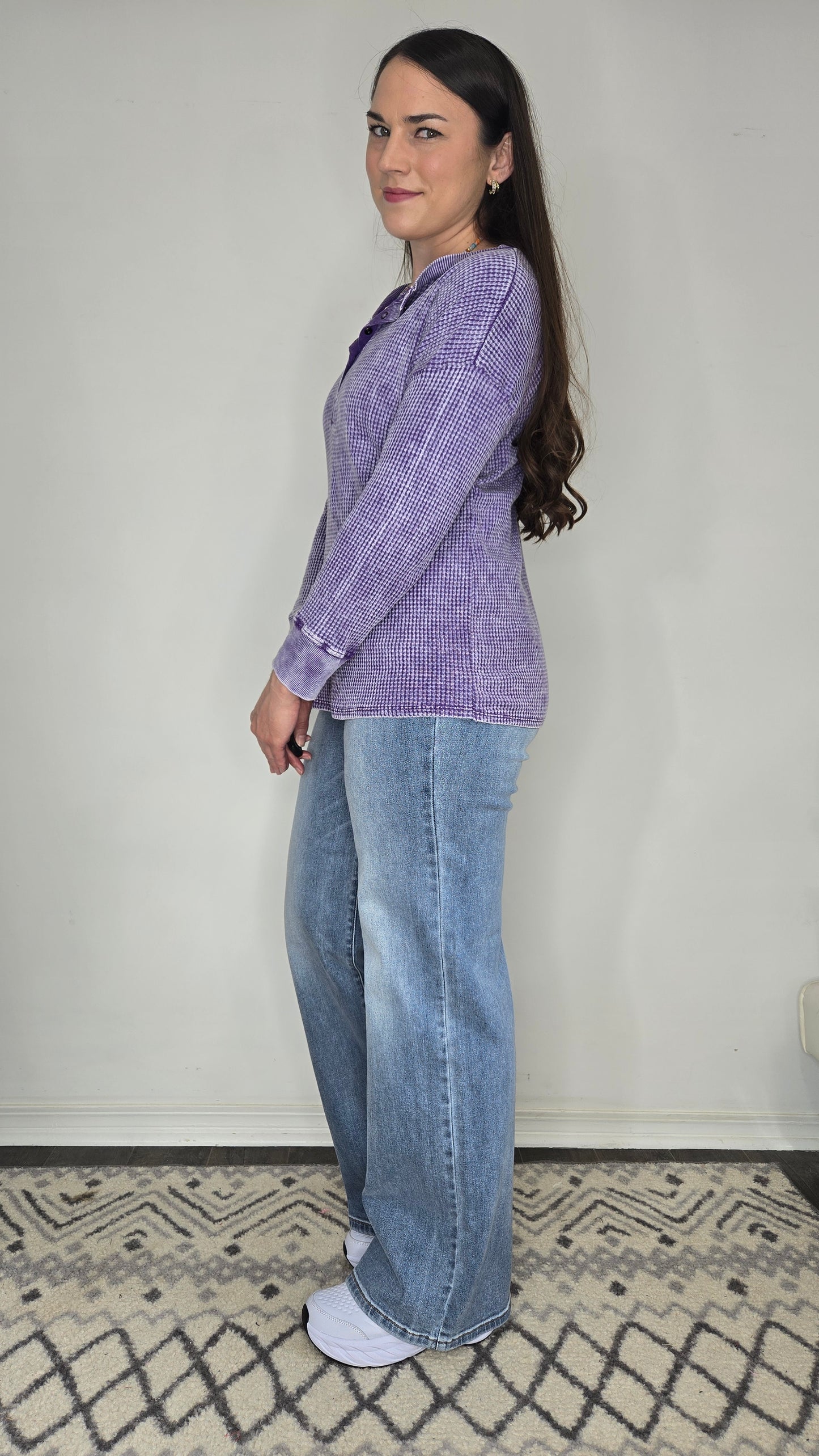 Violet Acid Wash Henley Waffle Long Sleeve Top "Vanessa"