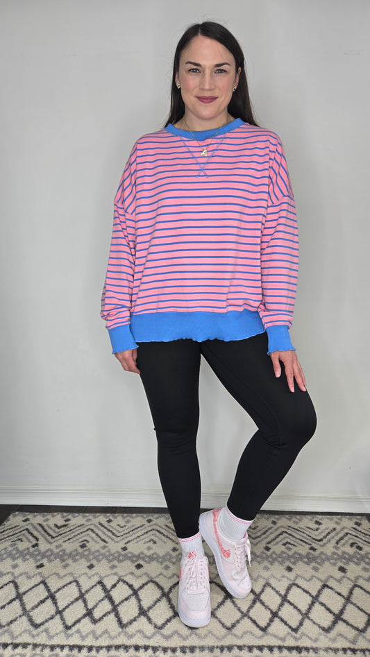 Pink/Blue Stripe Top with Lettuce Rib "Jaysa"