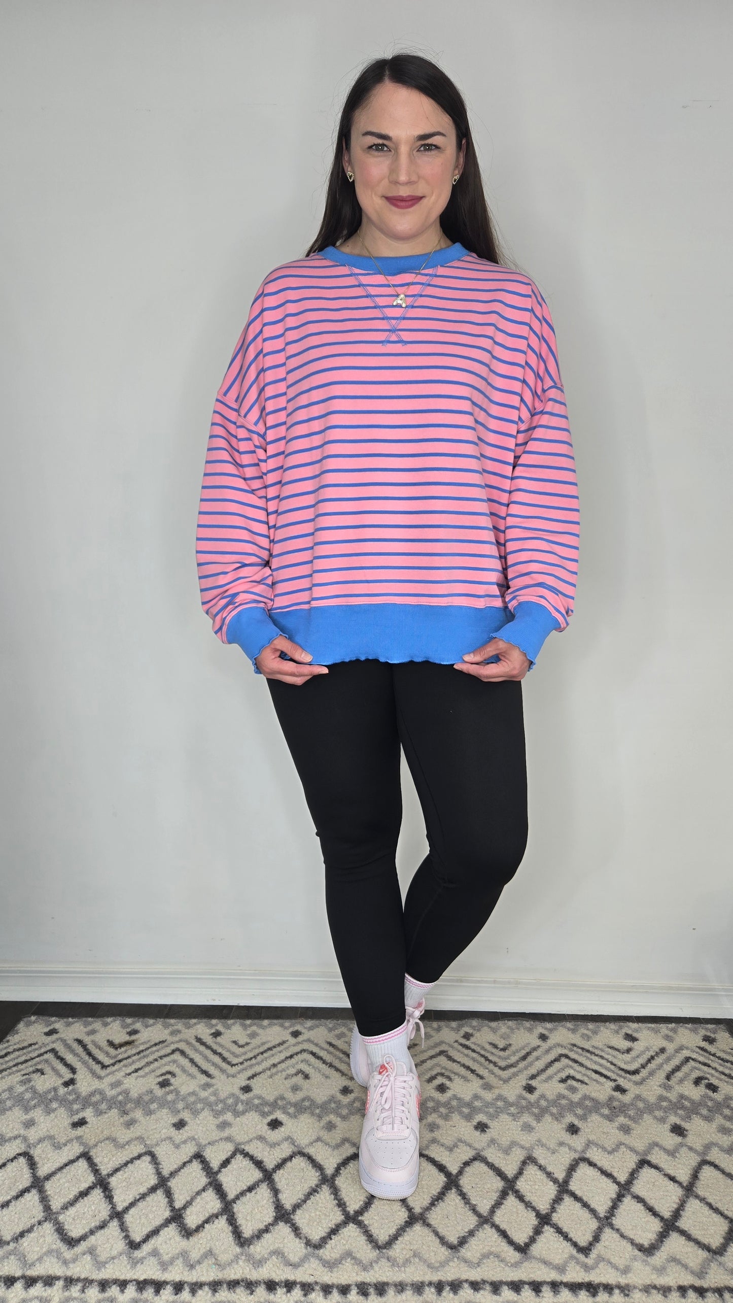 Pink/Blue Stripe Top with Lettuce Rib "Jaysa"