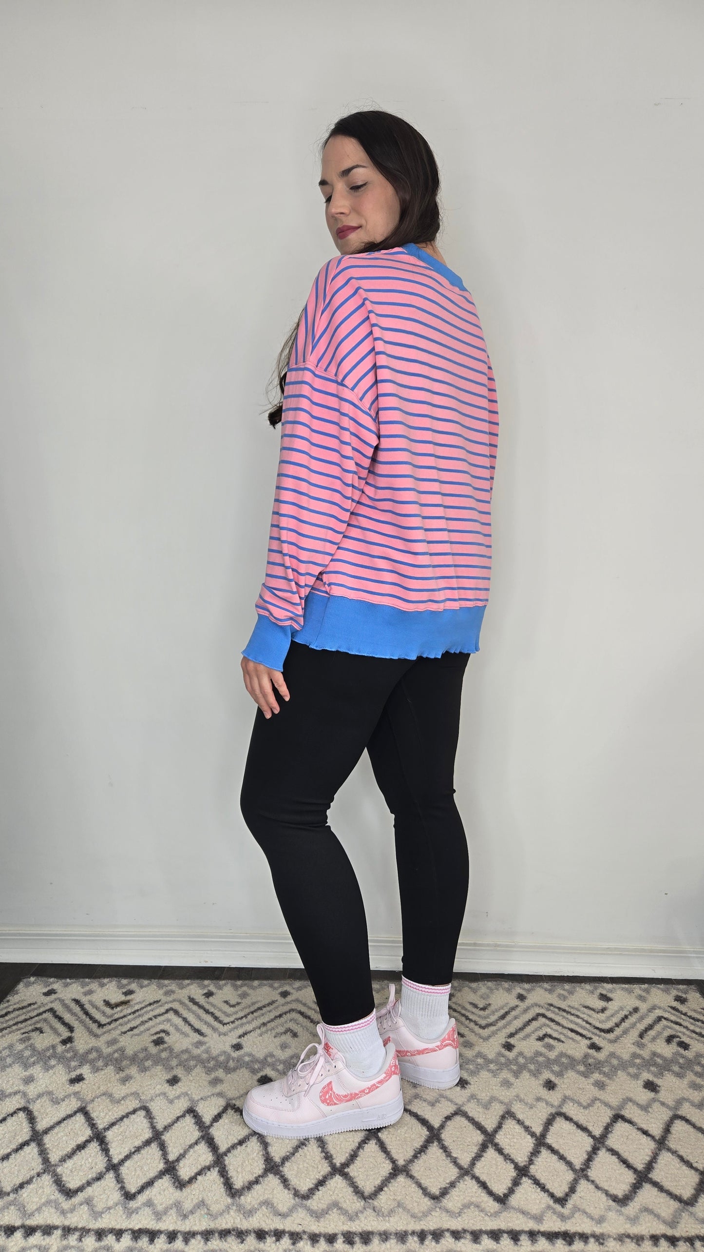 Pink/Blue Stripe Top with Lettuce Rib "Jaysa"