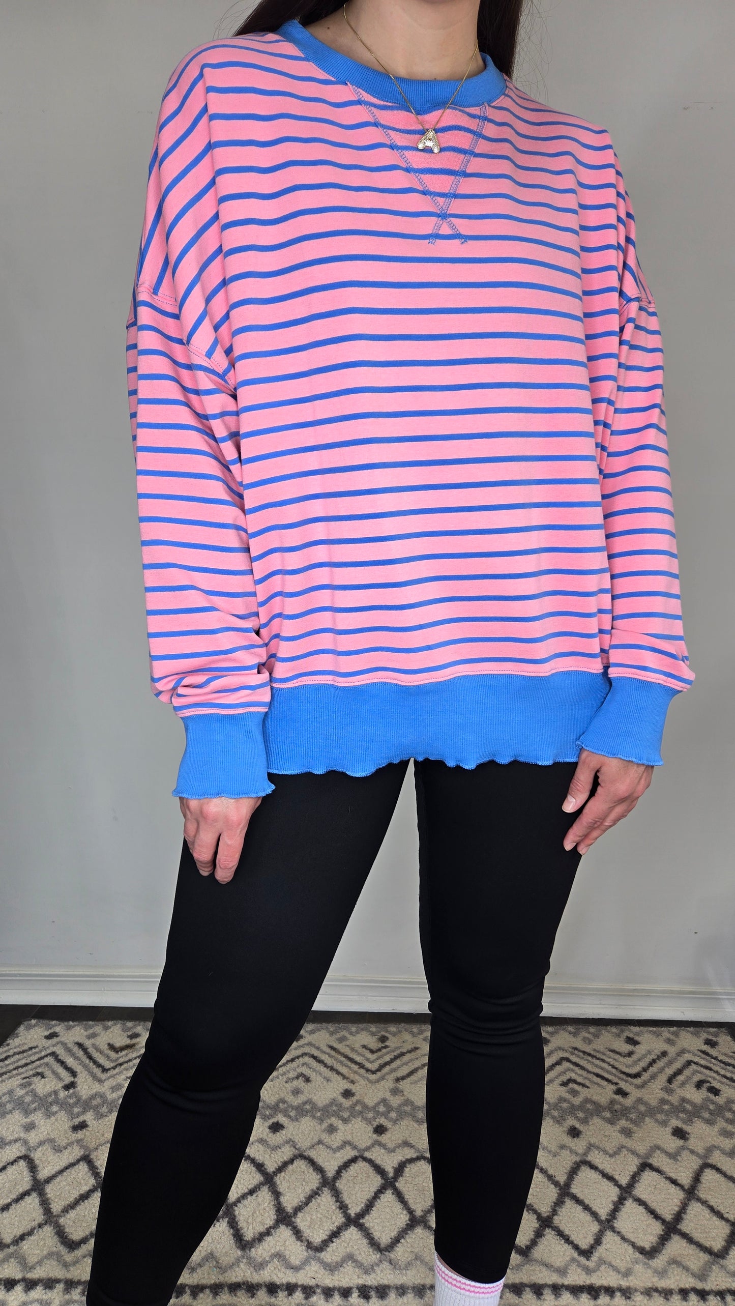 Pink/Blue Stripe Top with Lettuce Rib "Jaysa"